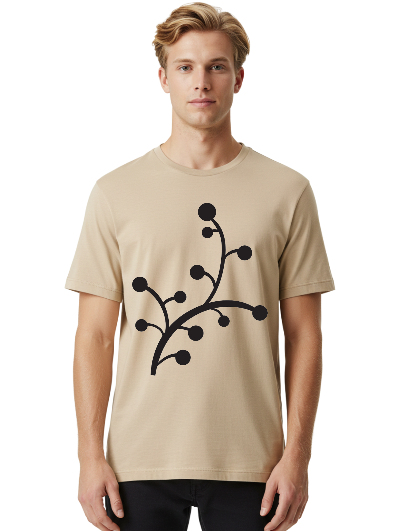 Branched-Stem Men'S Graphic Tee, 100% Cotton, Comfortable Casual Summer Wear, Machine Washable, Mistletoe Silhouette, Minimalist Design, Black And Green Color Scheme, Festive Decor, Holiday Icon, Christmas Symbol, Simple Graphics, Aac543