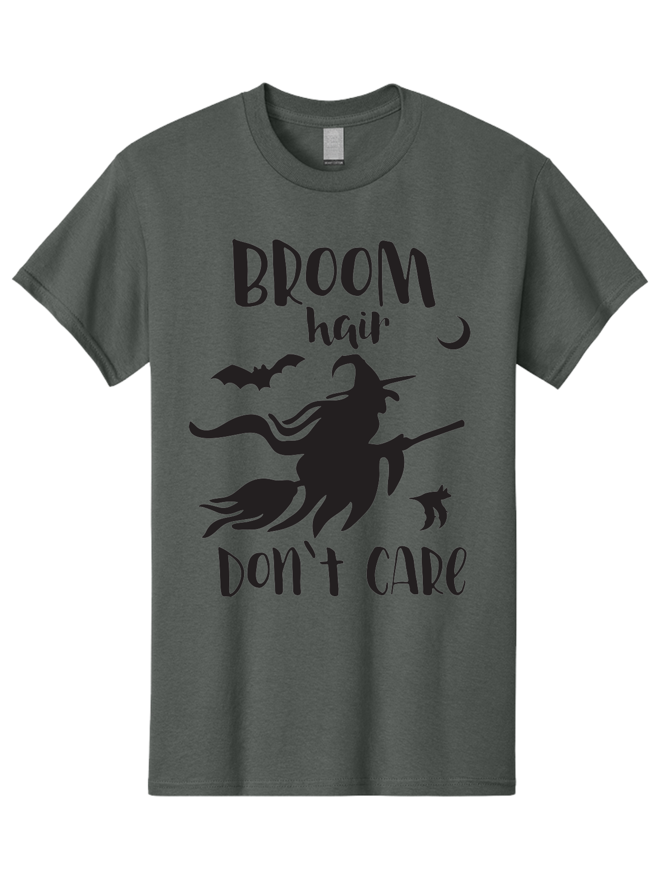 Broom-Hair-Don-T-Care Men'S Graphic Tee, 100% Cotton, Comfortable Casual Summer Wear, Machine Washable, Witch Silhouette, Broomstick, Halloween Theme, Bats Flying, Crescent Moon, Cat Silhouette, Spooky Atmosphere, Witchy Vibes, Mystical Night, Aac547