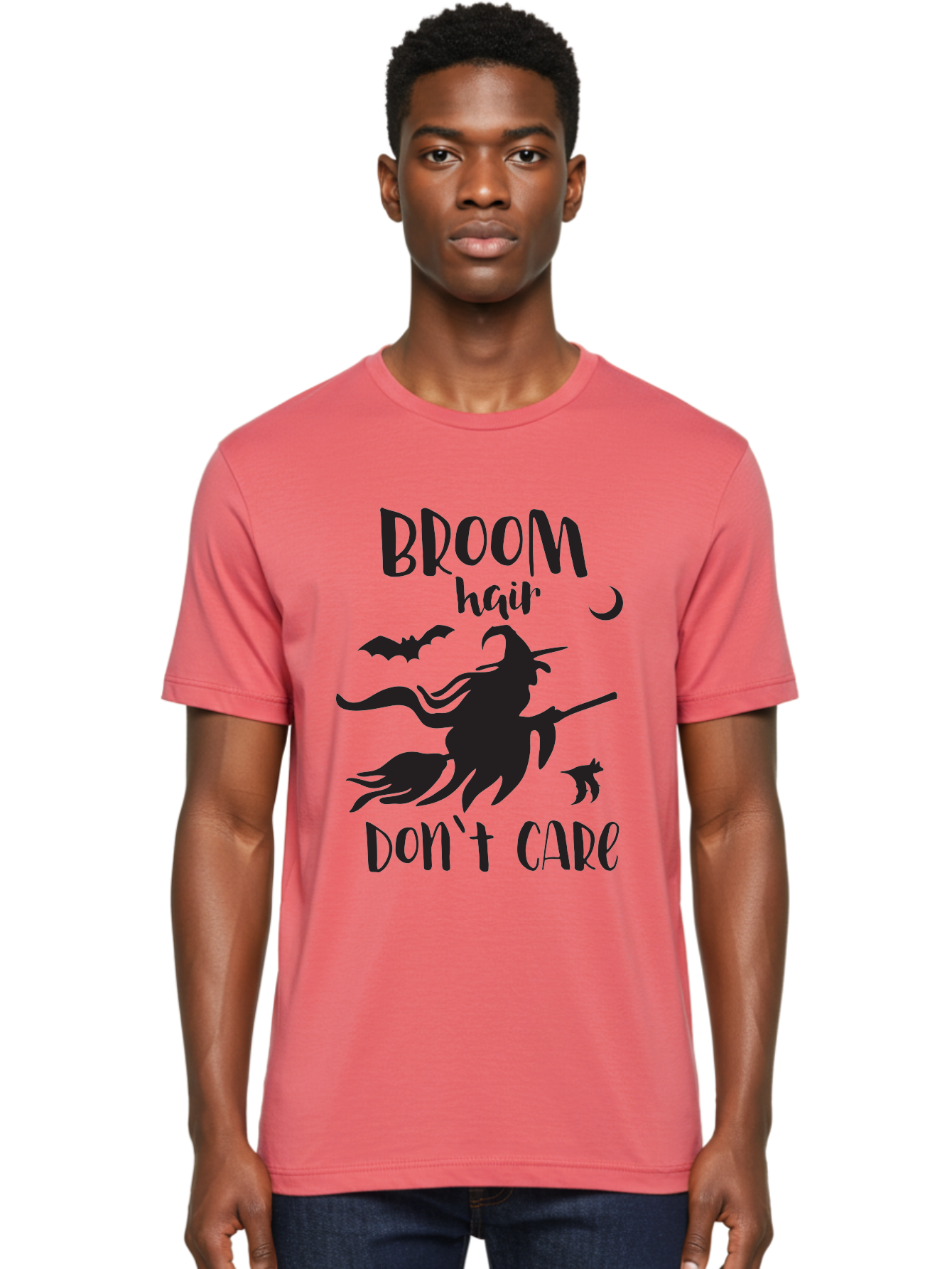 Broom-Hair-Don-T-Care Men'S Graphic Tee, 100% Cotton, Comfortable Casual Summer Wear, Machine Washable, Witch Silhouette, Broomstick, Halloween Theme, Bats Flying, Crescent Moon, Cat Silhouette, Spooky Atmosphere, Witchy Vibes, Mystical Night, Aac547