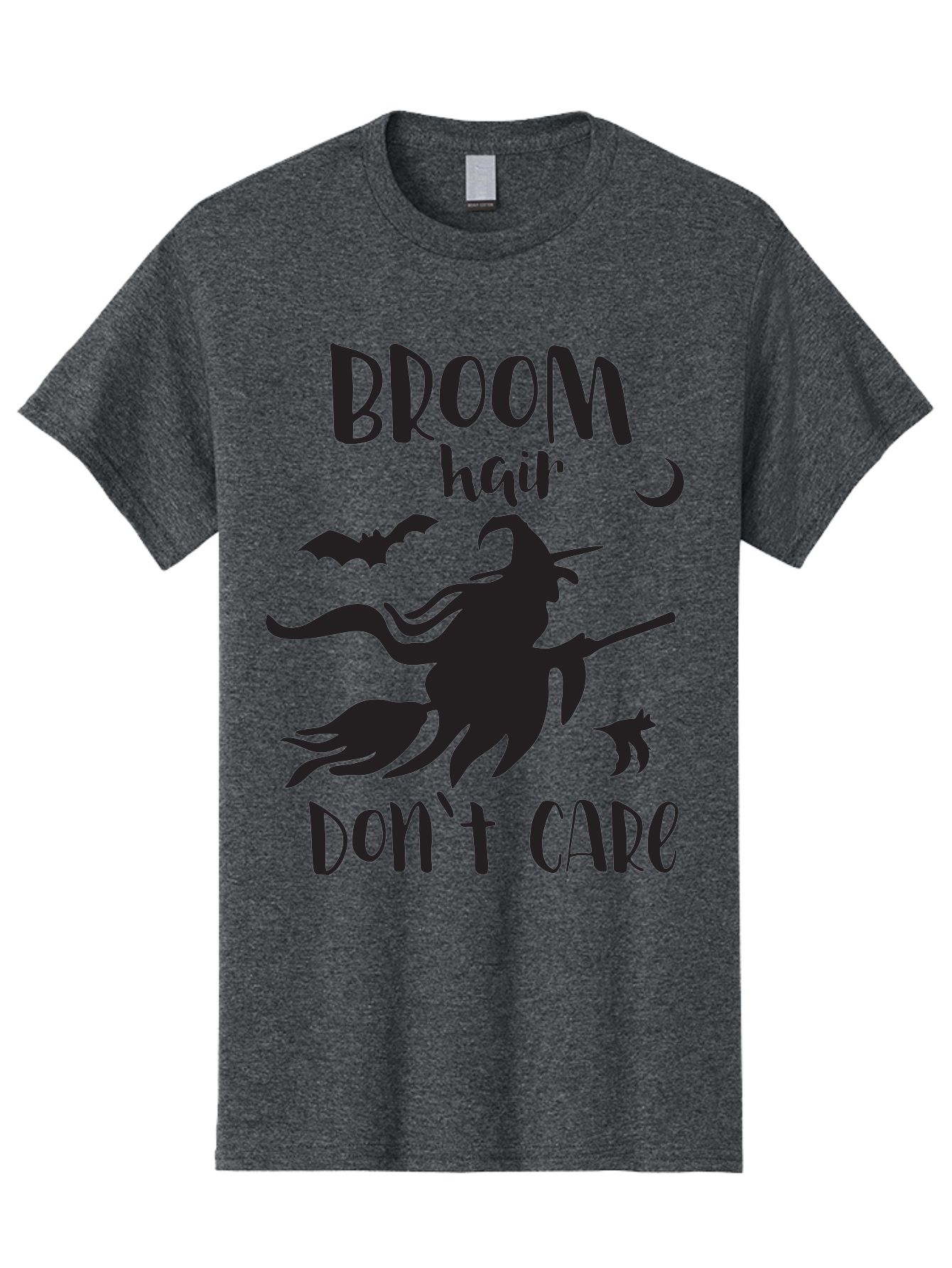 Broom-Hair-Don-T-Care Men'S Graphic Tee, 100% Cotton, Comfortable Casual Summer Wear, Machine Washable, Witch Silhouette, Broomstick, Halloween Theme, Bats Flying, Crescent Moon, Cat Silhouette, Spooky Atmosphere, Witchy Vibes, Mystical Night, Aac547