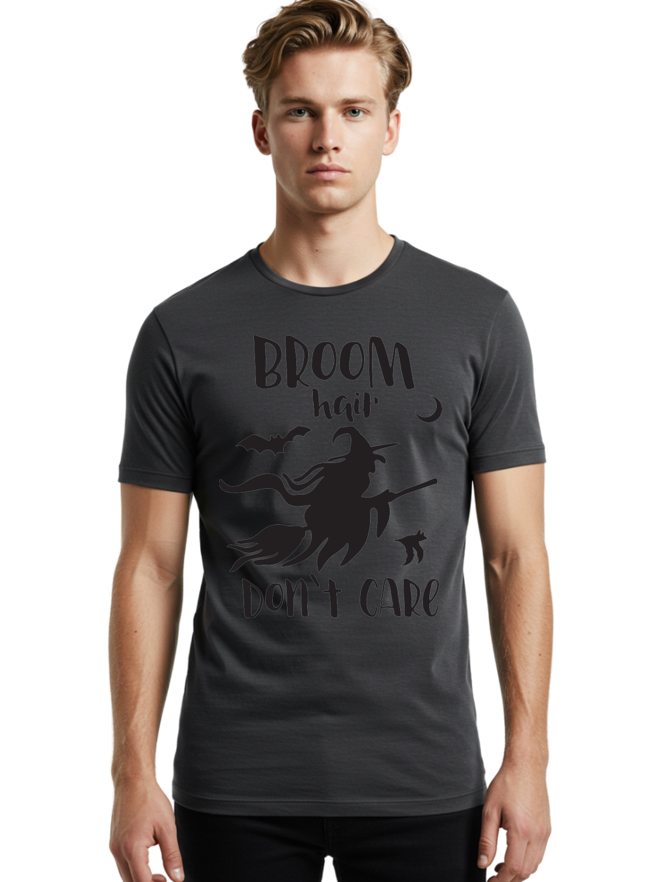 Broom-Hair-Don-T-Care Men'S Graphic Tee, 100% Cotton, Comfortable Casual Summer Wear, Machine Washable, Witch Silhouette, Broomstick, Halloween Theme, Bats Flying, Crescent Moon, Cat Silhouette, Spooky Atmosphere, Witchy Vibes, Mystical Night, Aac547