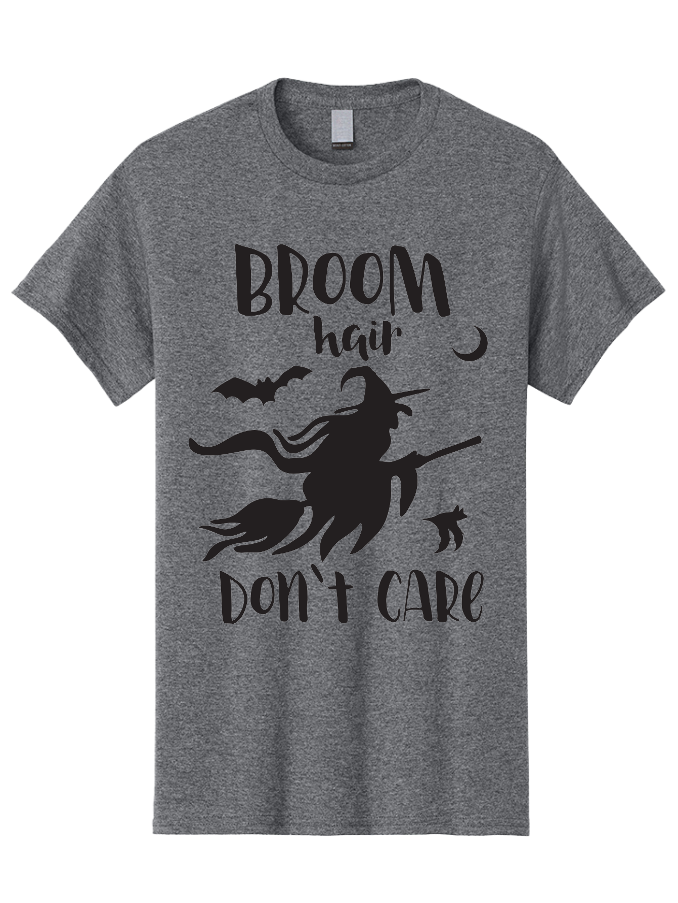 Broom-Hair-Don-T-Care Men'S Graphic Tee, 100% Cotton, Comfortable Casual Summer Wear, Machine Washable, Witch Silhouette, Broomstick, Halloween Theme, Bats Flying, Crescent Moon, Cat Silhouette, Spooky Atmosphere, Witchy Vibes, Mystical Night, Aac547