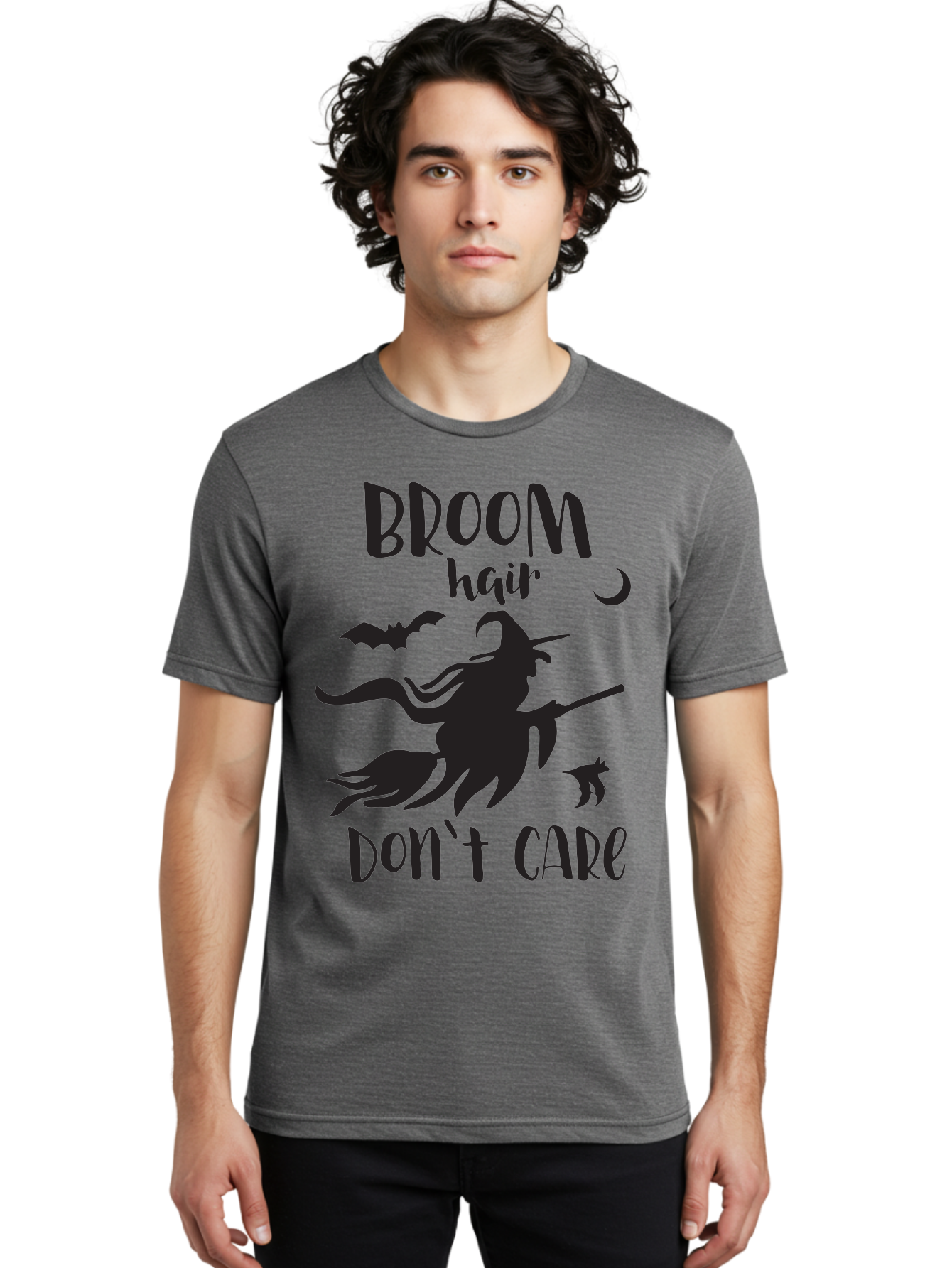 Broom-Hair-Don-T-Care Men'S Graphic Tee, 100% Cotton, Comfortable Casual Summer Wear, Machine Washable, Witch Silhouette, Broomstick, Halloween Theme, Bats Flying, Crescent Moon, Cat Silhouette, Spooky Atmosphere, Witchy Vibes, Mystical Night, Aac547