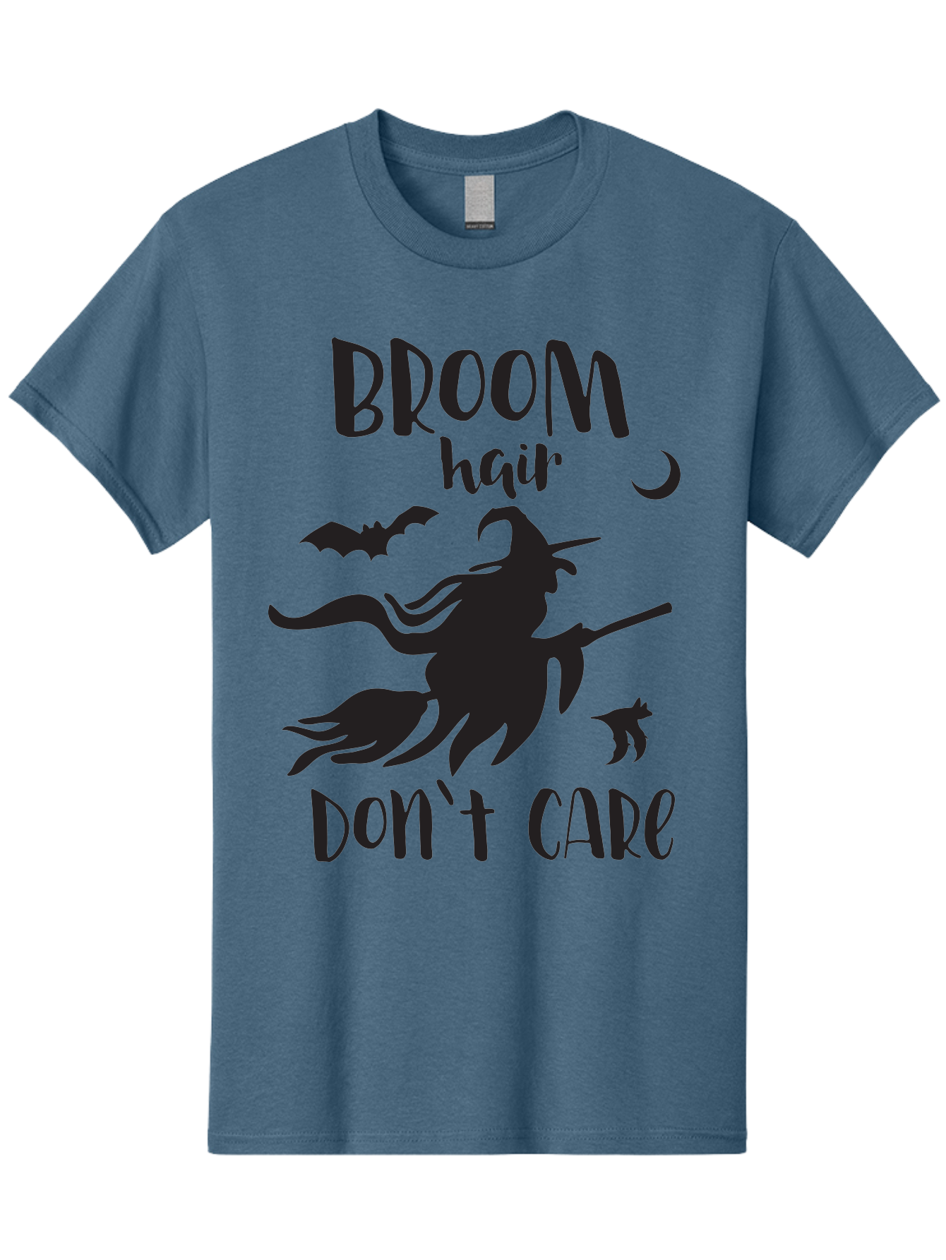 Broom-Hair-Don-T-Care Men'S Graphic Tee, 100% Cotton, Comfortable Casual Summer Wear, Machine Washable, Witch Silhouette, Broomstick, Halloween Theme, Bats Flying, Crescent Moon, Cat Silhouette, Spooky Atmosphere, Witchy Vibes, Mystical Night, Aac547