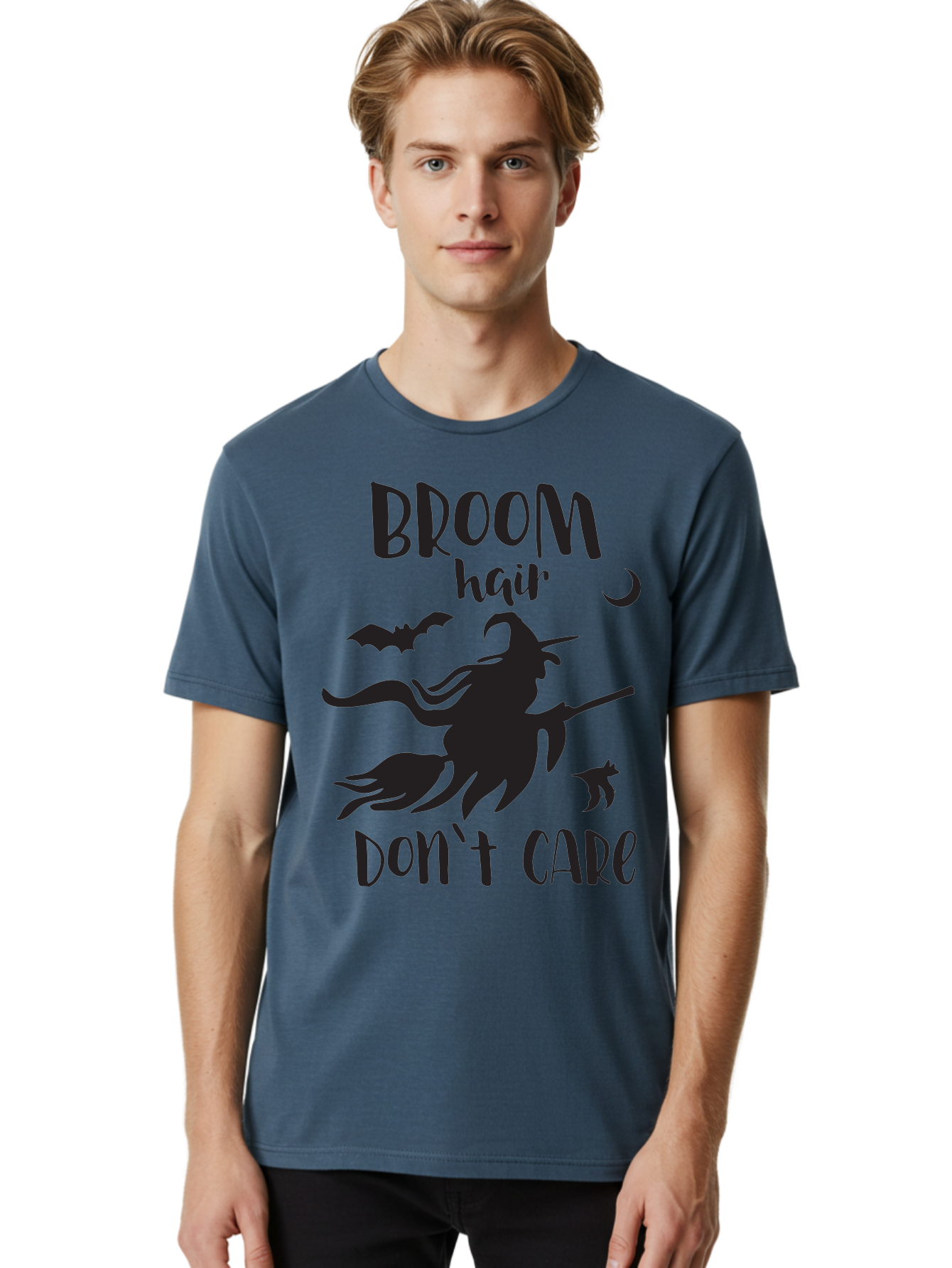 Broom-Hair-Don-T-Care Men'S Graphic Tee, 100% Cotton, Comfortable Casual Summer Wear, Machine Washable, Witch Silhouette, Broomstick, Halloween Theme, Bats Flying, Crescent Moon, Cat Silhouette, Spooky Atmosphere, Witchy Vibes, Mystical Night, Aac547