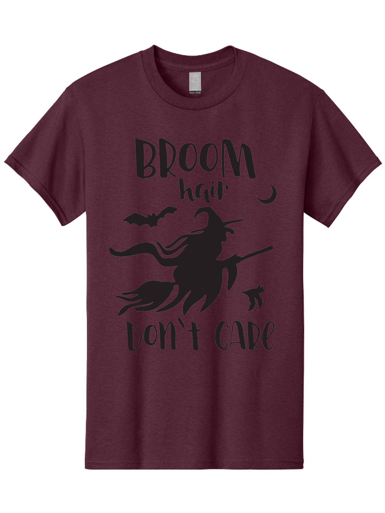 Broom-Hair-Don-T-Care Men'S Graphic Tee, 100% Cotton, Comfortable Casual Summer Wear, Machine Washable, Witch Silhouette, Broomstick, Halloween Theme, Bats Flying, Crescent Moon, Cat Silhouette, Spooky Atmosphere, Witchy Vibes, Mystical Night, Aac547