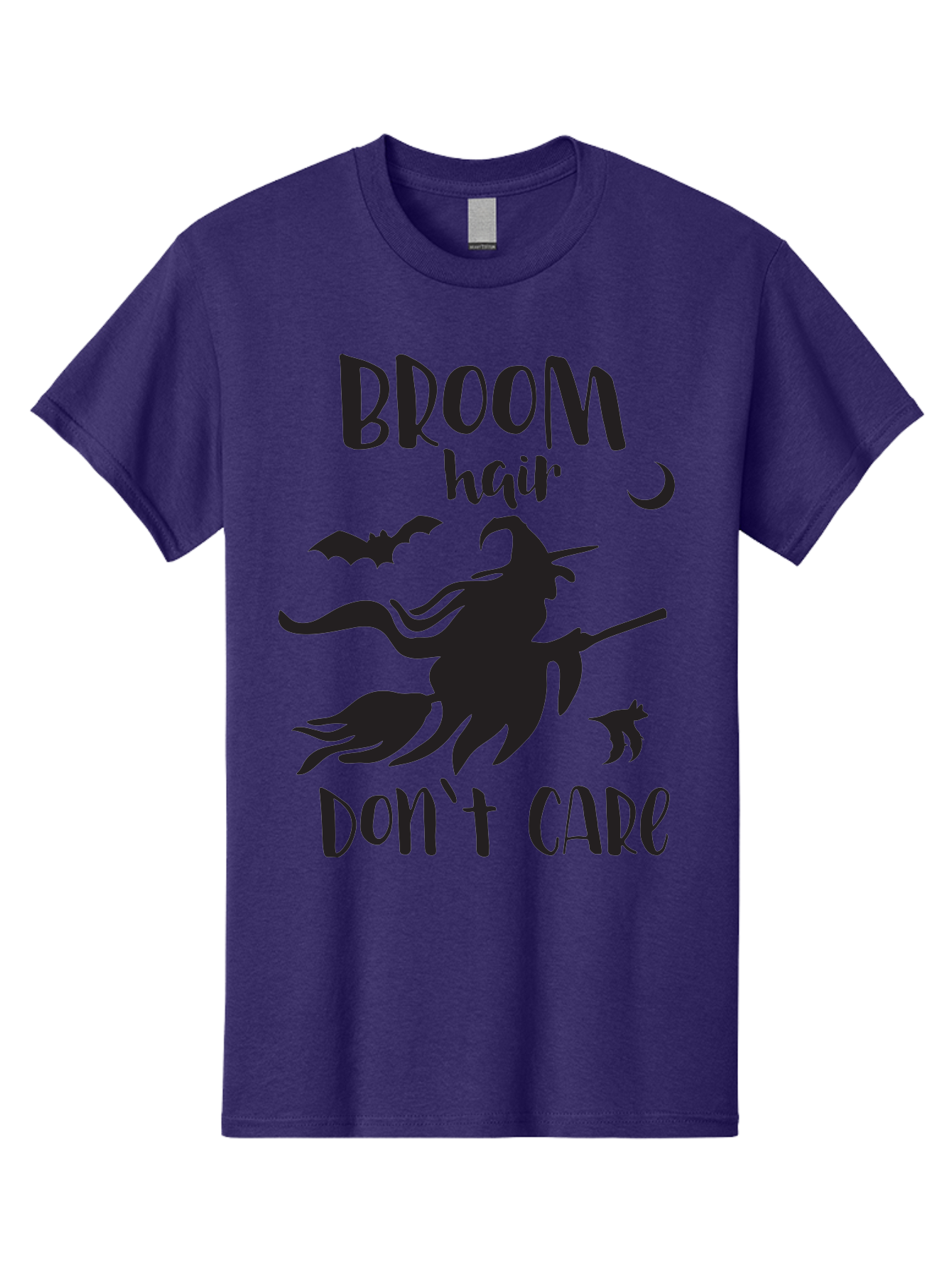 Broom-Hair-Don-T-Care Men'S Graphic Tee, 100% Cotton, Comfortable Casual Summer Wear, Machine Washable, Witch Silhouette, Broomstick, Halloween Theme, Bats Flying, Crescent Moon, Cat Silhouette, Spooky Atmosphere, Witchy Vibes, Mystical Night, Aac547
