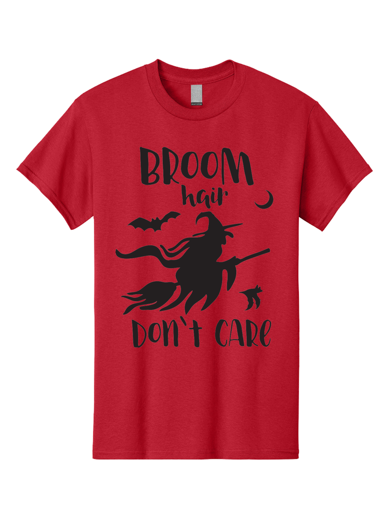Broom-Hair-Don-T-Care Men'S Graphic Tee, 100% Cotton, Comfortable Casual Summer Wear, Machine Washable, Witch Silhouette, Broomstick, Halloween Theme, Bats Flying, Crescent Moon, Cat Silhouette, Spooky Atmosphere, Witchy Vibes, Mystical Night, Aac547