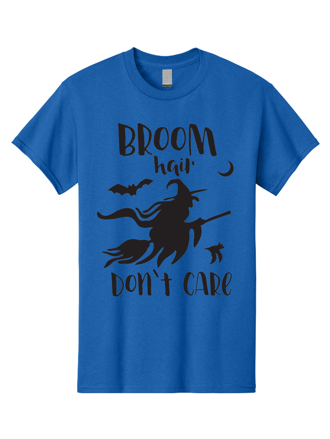 Broom-Hair-Don-T-Care Men'S Graphic Tee, 100% Cotton, Comfortable Casual Summer Wear, Machine Washable, Witch Silhouette, Broomstick, Halloween Theme, Bats Flying, Crescent Moon, Cat Silhouette, Spooky Atmosphere, Witchy Vibes, Mystical Night, Aac547