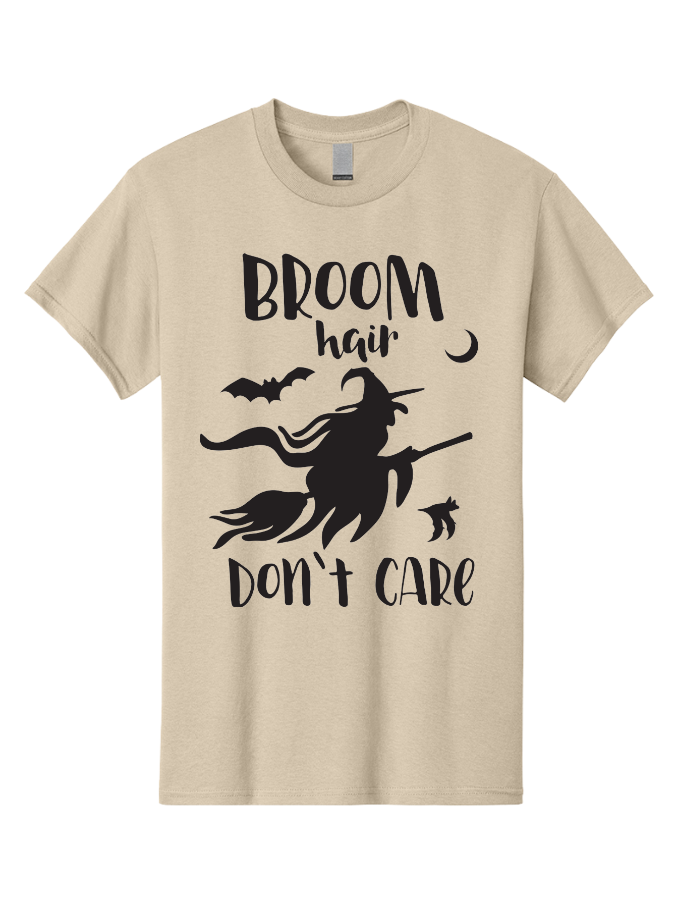 Broom-Hair-Don-T-Care Men'S Graphic Tee, 100% Cotton, Comfortable Casual Summer Wear, Machine Washable, Witch Silhouette, Broomstick, Halloween Theme, Bats Flying, Crescent Moon, Cat Silhouette, Spooky Atmosphere, Witchy Vibes, Mystical Night, Aac547