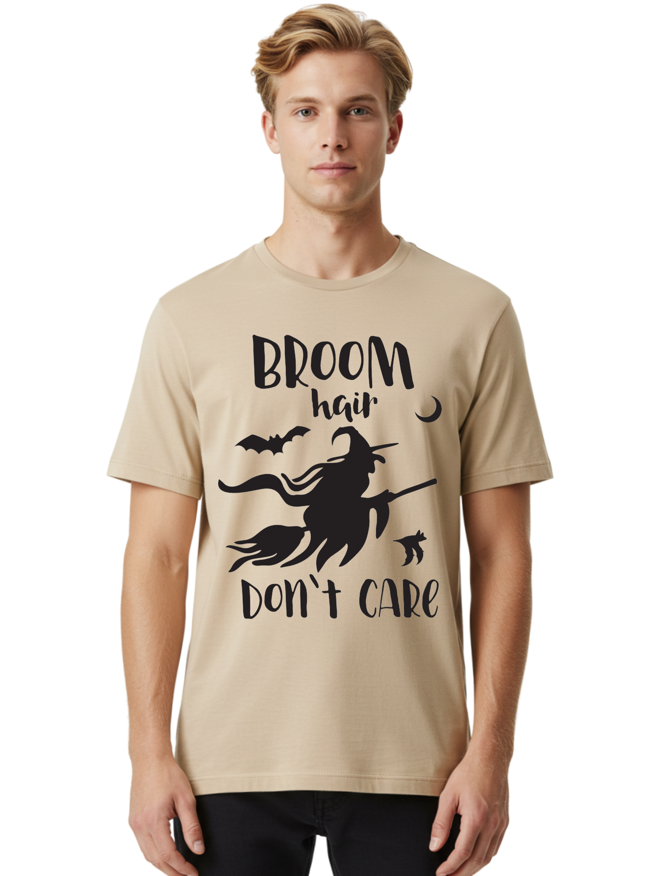 Broom-Hair-Don-T-Care Men'S Graphic Tee, 100% Cotton, Comfortable Casual Summer Wear, Machine Washable, Witch Silhouette, Broomstick, Halloween Theme, Bats Flying, Crescent Moon, Cat Silhouette, Spooky Atmosphere, Witchy Vibes, Mystical Night, Aac547