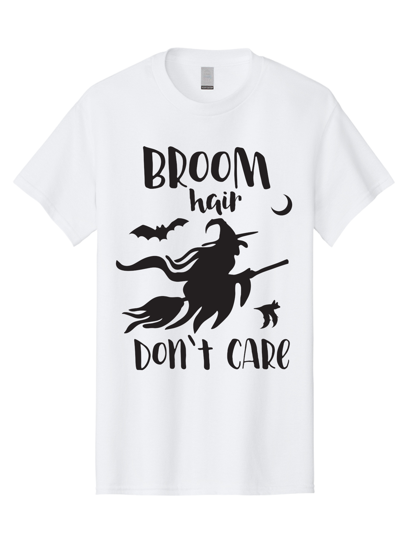 Broom-Hair-Don-T-Care Men'S Graphic Tee, 100% Cotton, Comfortable Casual Summer Wear, Machine Washable, Witch Silhouette, Broomstick, Halloween Theme, Bats Flying, Crescent Moon, Cat Silhouette, Spooky Atmosphere, Witchy Vibes, Mystical Night, Aac547
