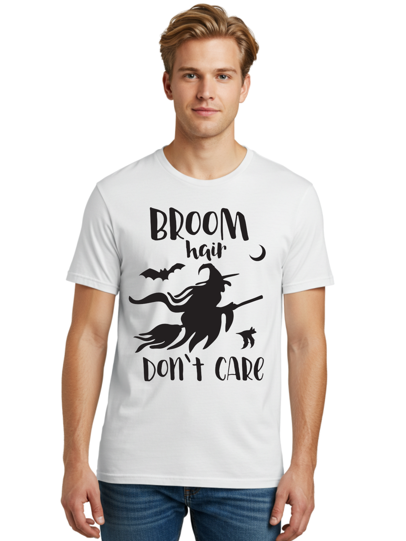 Broom-Hair-Don-T-Care Men'S Graphic Tee, 100% Cotton, Comfortable Casual Summer Wear, Machine Washable, Witch Silhouette, Broomstick, Halloween Theme, Bats Flying, Crescent Moon, Cat Silhouette, Spooky Atmosphere, Witchy Vibes, Mystical Night, Aac547