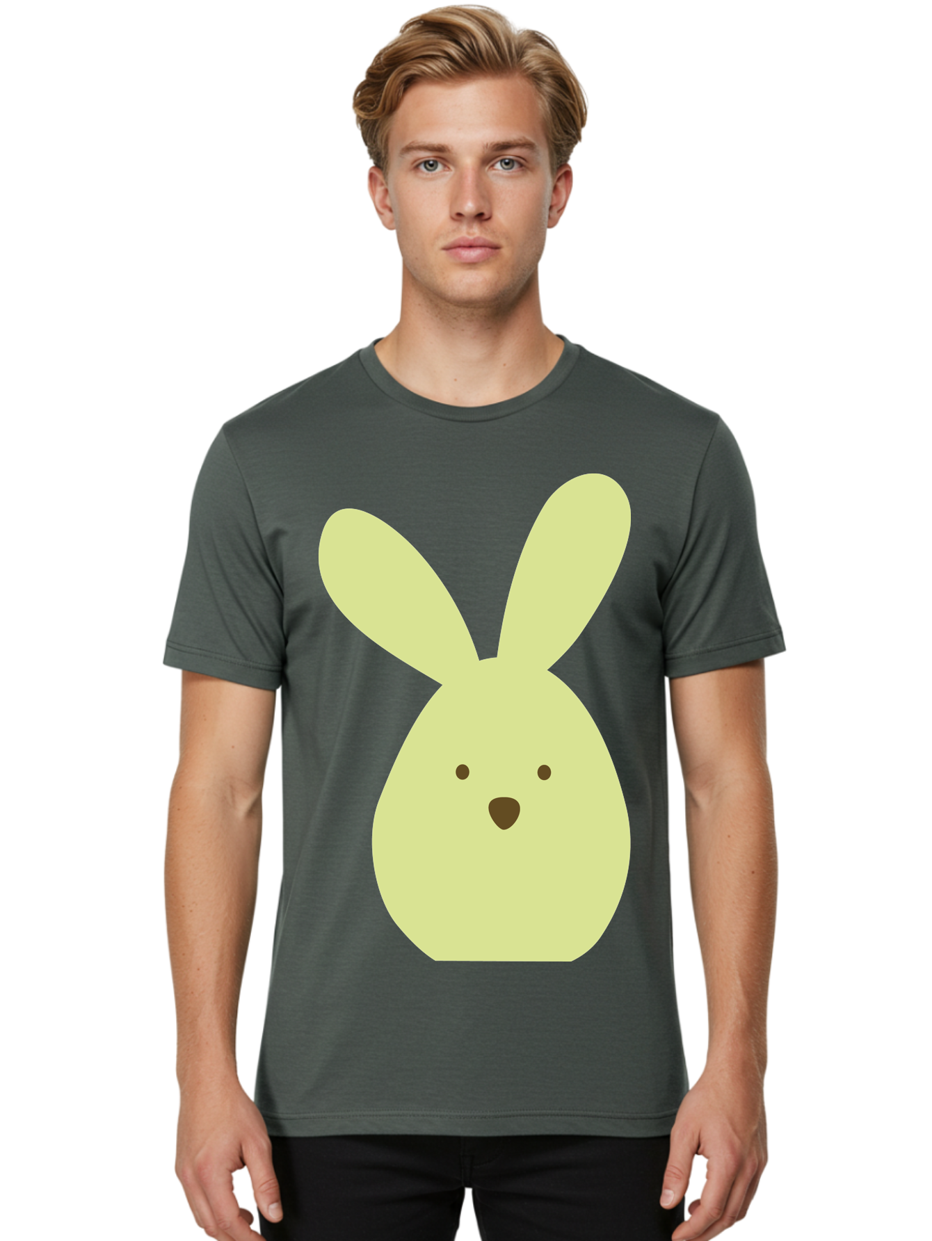 Bunny-Face Men'S Graphic Tee, 100% Cotton, Comfortable Casual Summer Wear, Machine Washable, Cartoon Bunny, Easter Bunny, Cute, Simple Design, Childrens Illustration, Rabbit Face, Brown Nose, Pale Yellow, Digital Art Aac549