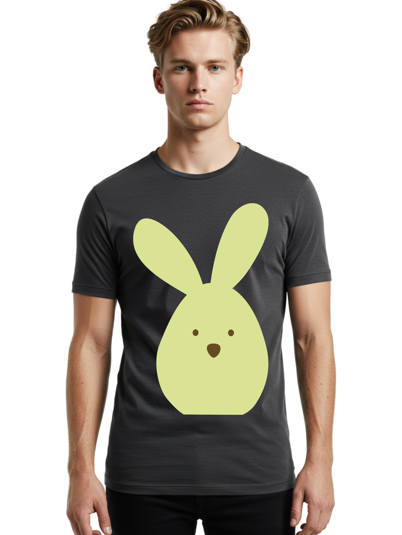 Bunny-Face Men'S Graphic Tee, 100% Cotton, Comfortable Casual Summer Wear, Machine Washable, Cartoon Bunny, Easter Bunny, Cute, Simple Design, Childrens Illustration, Rabbit Face, Brown Nose, Pale Yellow, Digital Art Aac549