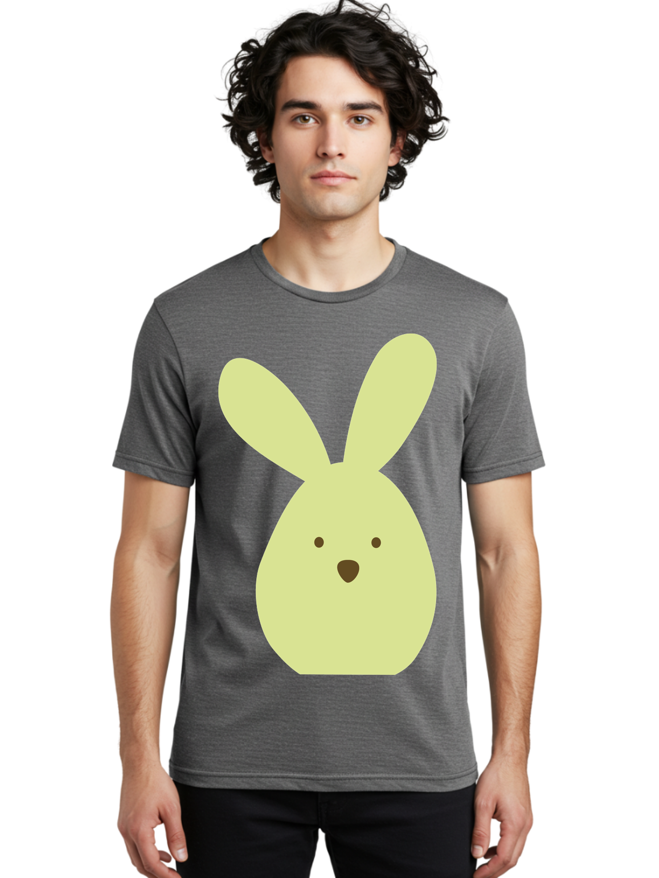 Bunny-Face Men'S Graphic Tee, 100% Cotton, Comfortable Casual Summer Wear, Machine Washable, Cartoon Bunny, Easter Bunny, Cute, Simple Design, Childrens Illustration, Rabbit Face, Brown Nose, Pale Yellow, Digital Art Aac549