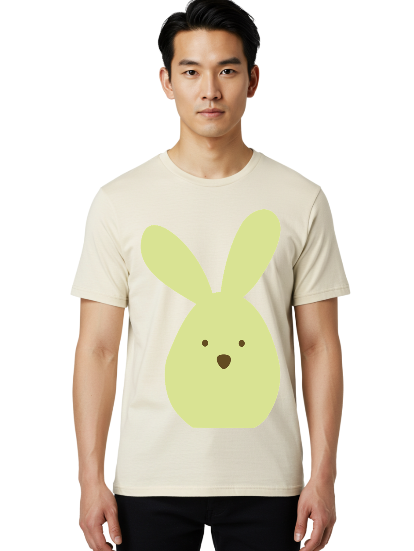 Bunny-Face Men'S Graphic Tee, 100% Cotton, Comfortable Casual Summer Wear, Machine Washable, Cartoon Bunny, Easter Bunny, Cute, Simple Design, Childrens Illustration, Rabbit Face, Brown Nose, Pale Yellow, Digital Art Aac549