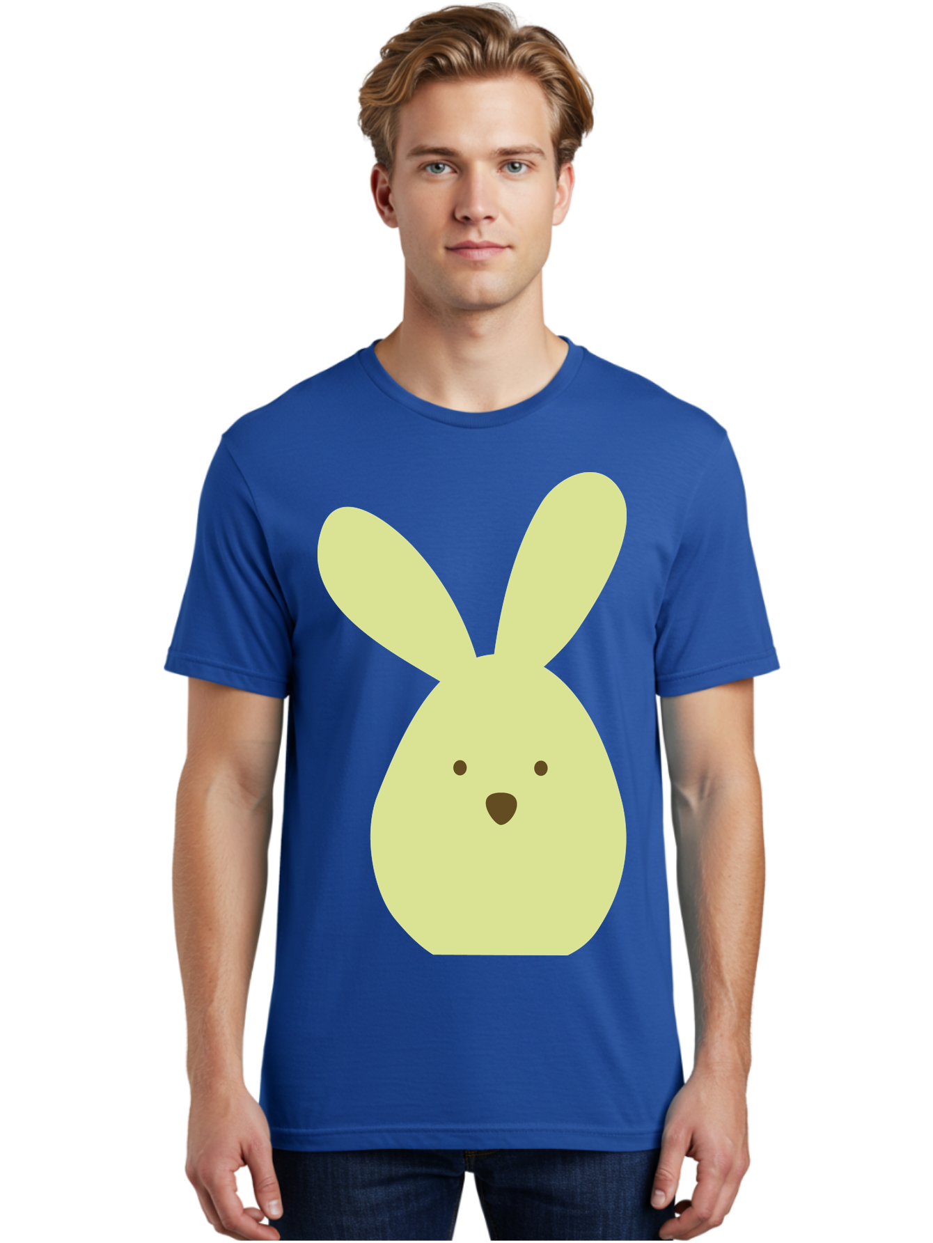 Bunny-Face Men'S Graphic Tee, 100% Cotton, Comfortable Casual Summer Wear, Machine Washable, Cartoon Bunny, Easter Bunny, Cute, Simple Design, Childrens Illustration, Rabbit Face, Brown Nose, Pale Yellow, Digital Art Aac549