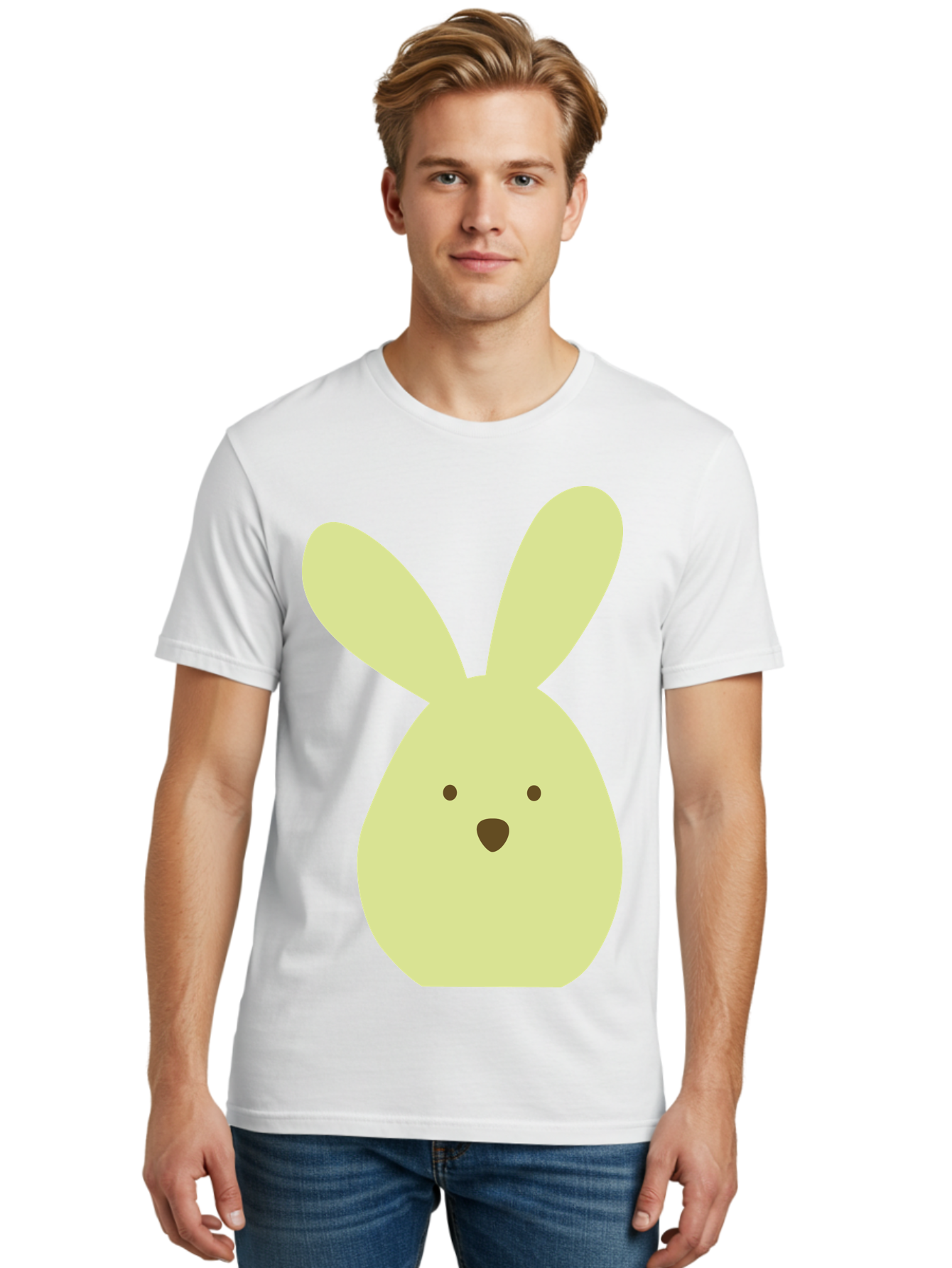 Bunny-Face Men'S Graphic Tee, 100% Cotton, Comfortable Casual Summer Wear, Machine Washable, Cartoon Bunny, Easter Bunny, Cute, Simple Design, Childrens Illustration, Rabbit Face, Brown Nose, Pale Yellow, Digital Art Aac549