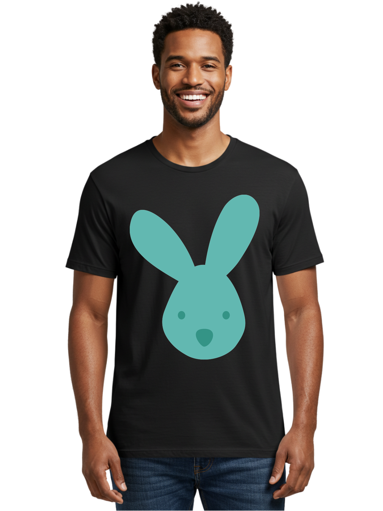 Bunny-Head Men'S Graphic Tee, 100% Cotton, Comfortable Casual Summer Wear, Machine Washable, Cartoon Bunny, Teal Rabbit, Simple Design, Cute Face, Digital Illustration, Easter Theme, Minimalist Art, Pastel Colors Aac550