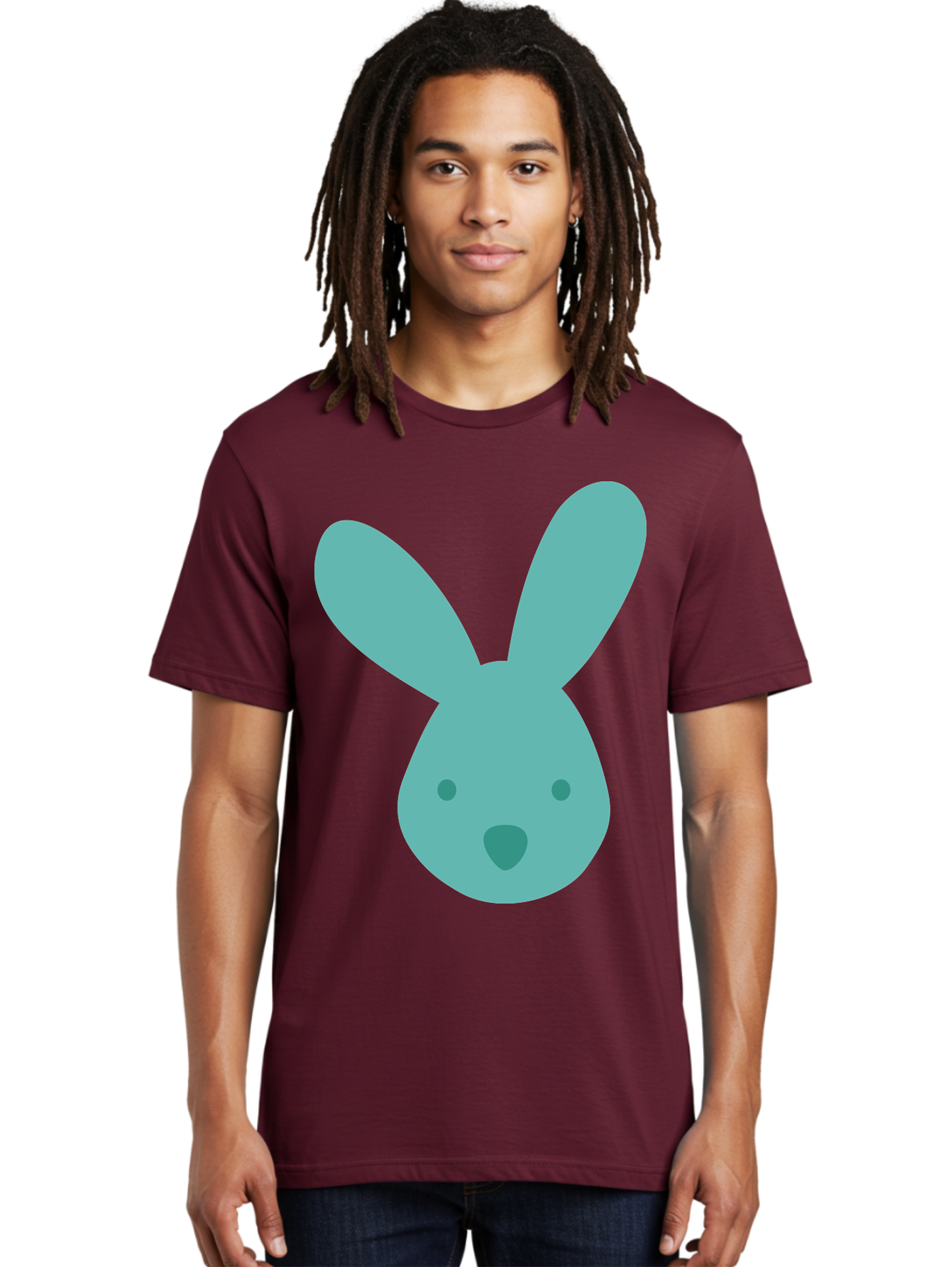 Bunny-Head Men'S Graphic Tee, 100% Cotton, Comfortable Casual Summer Wear, Machine Washable, Cartoon Bunny, Teal Rabbit, Simple Design, Cute Face, Digital Illustration, Easter Theme, Minimalist Art, Pastel Colors Aac550