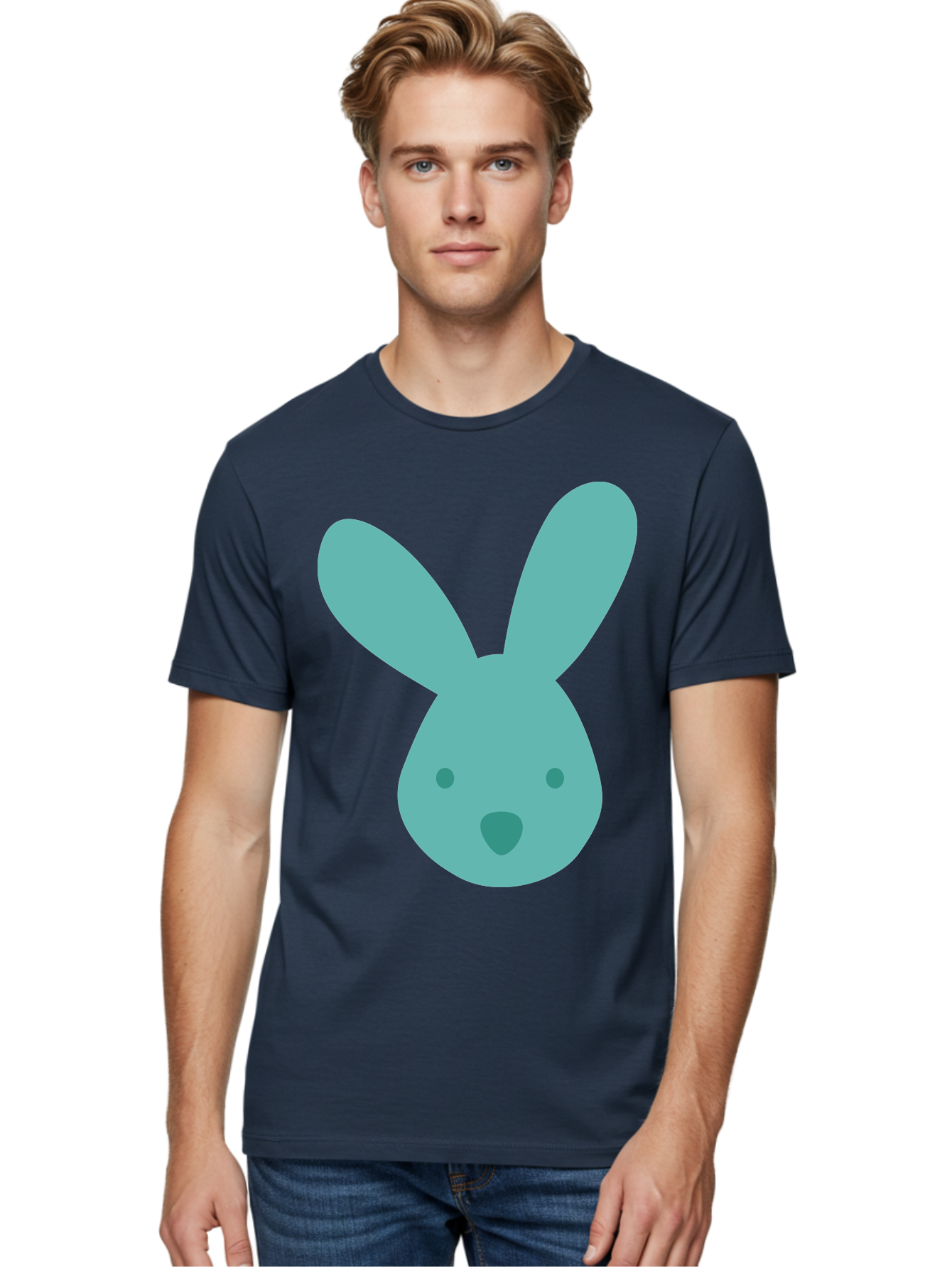 Bunny-Head Men'S Graphic Tee, 100% Cotton, Comfortable Casual Summer Wear, Machine Washable, Cartoon Bunny, Teal Rabbit, Simple Design, Cute Face, Digital Illustration, Easter Theme, Minimalist Art, Pastel Colors Aac550