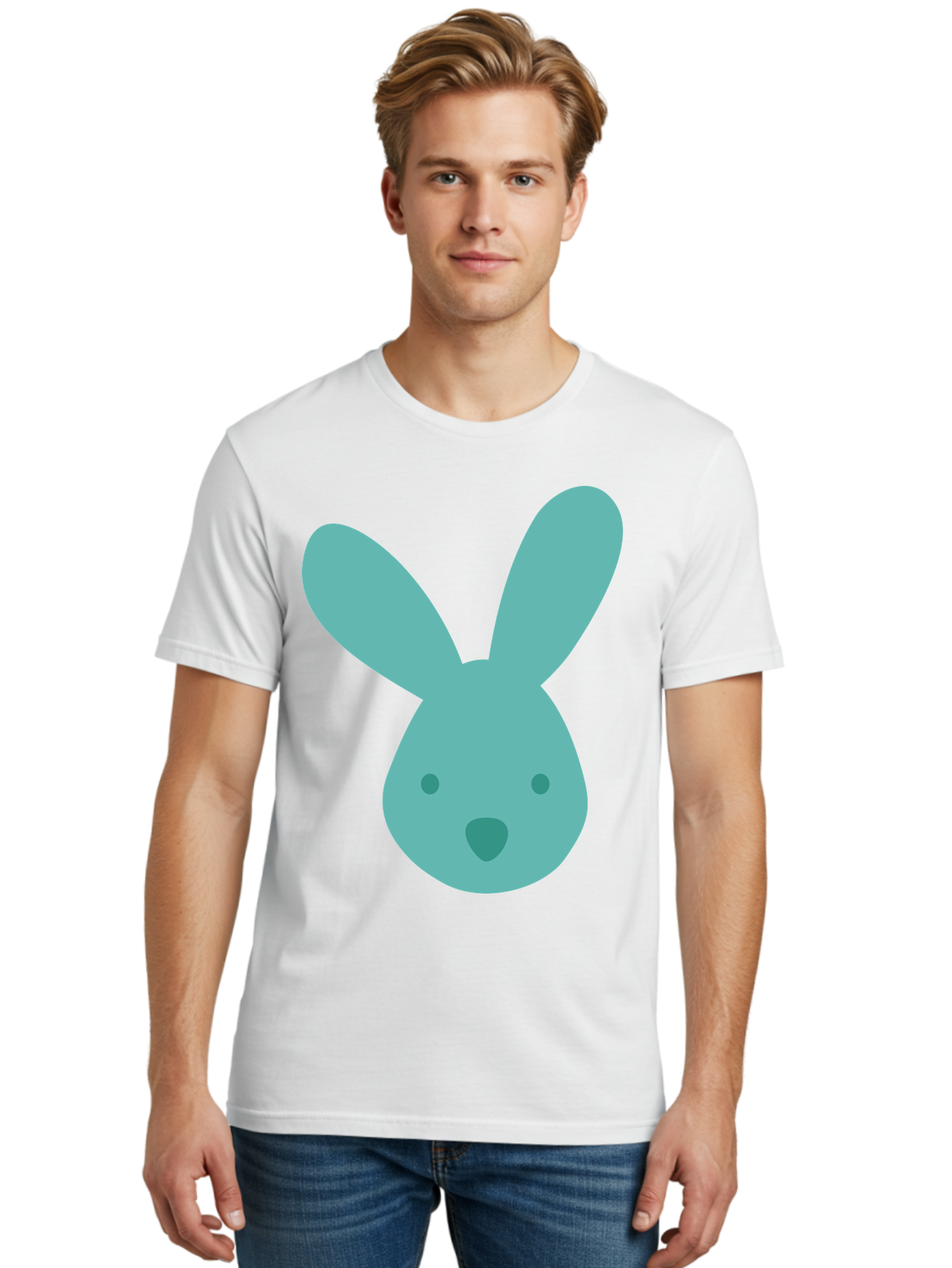 Bunny-Head Men'S Graphic Tee, 100% Cotton, Comfortable Casual Summer Wear, Machine Washable, Cartoon Bunny, Teal Rabbit, Simple Design, Cute Face, Digital Illustration, Easter Theme, Minimalist Art, Pastel Colors Aac550
