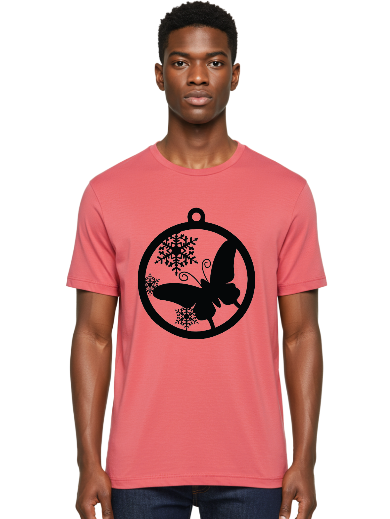 Butterfly-Ornament Men'S Graphic Tee, 100% Cotton, Comfortable Casual Summer Wear, Machine Washable, Butterfly, Snowflakes, Ornament, Winter Decor, Festive Design, Holiday Theme, Delicate Patterns, Intricate Details, Christmas Decoration Aac553