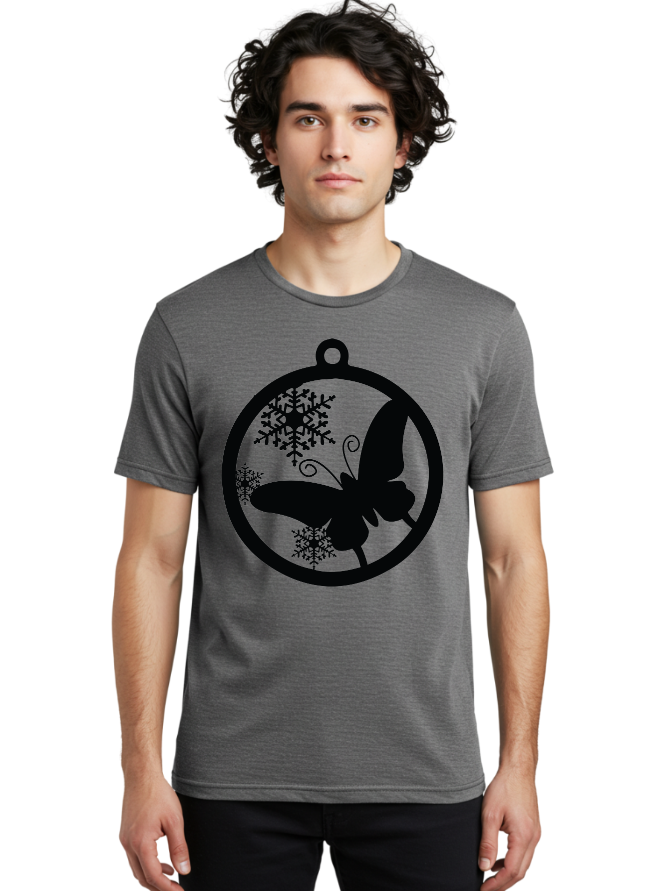 Butterfly-Ornament Men'S Graphic Tee, 100% Cotton, Comfortable Casual Summer Wear, Machine Washable, Butterfly, Snowflakes, Ornament, Winter Decor, Festive Design, Holiday Theme, Delicate Patterns, Intricate Details, Christmas Decoration Aac553