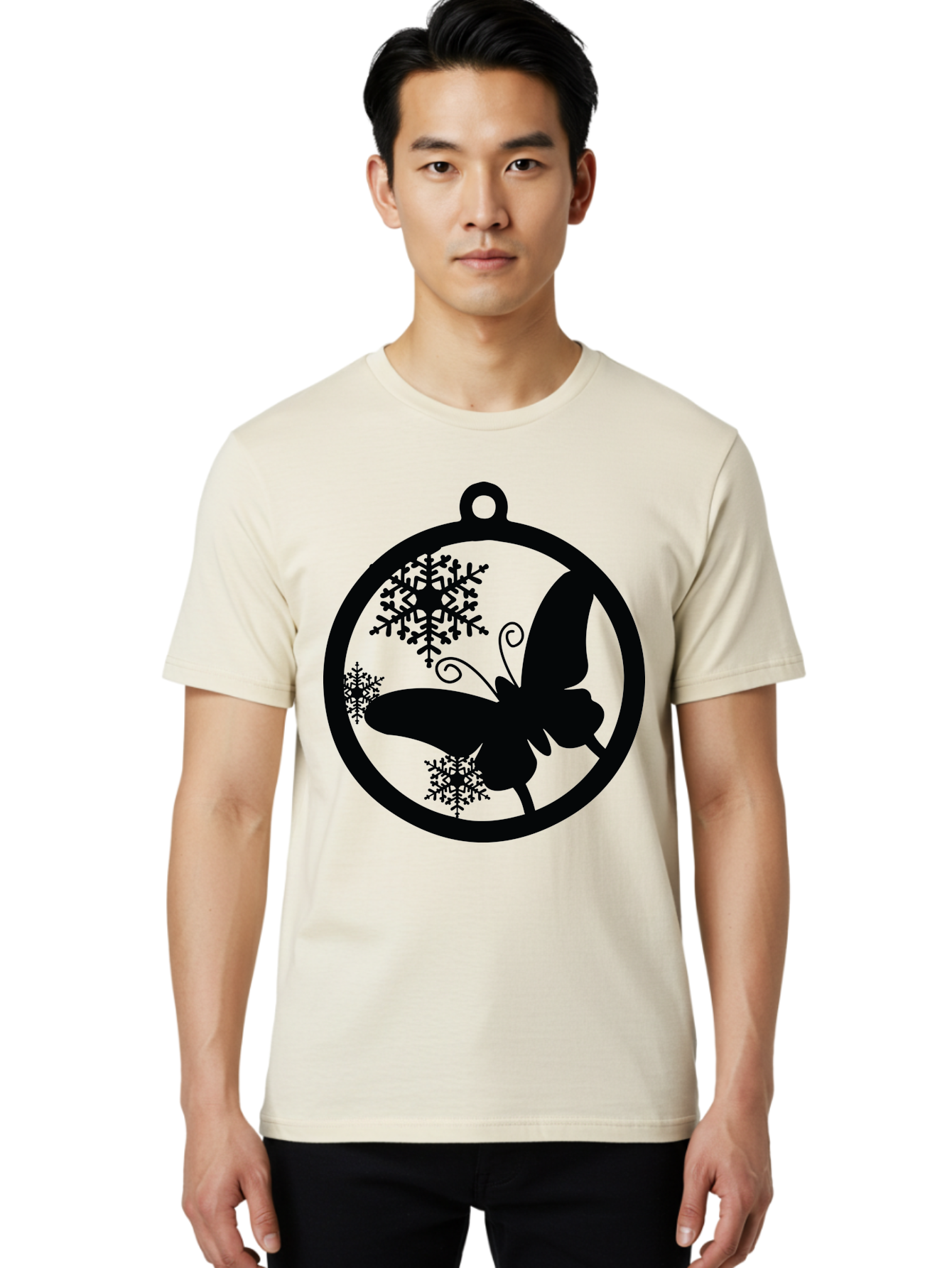 Butterfly-Ornament Men'S Graphic Tee, 100% Cotton, Comfortable Casual Summer Wear, Machine Washable, Butterfly, Snowflakes, Ornament, Winter Decor, Festive Design, Holiday Theme, Delicate Patterns, Intricate Details, Christmas Decoration Aac553
