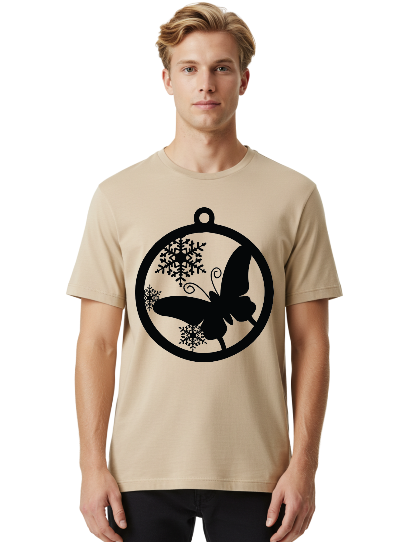 Butterfly-Ornament Men'S Graphic Tee, 100% Cotton, Comfortable Casual Summer Wear, Machine Washable, Butterfly, Snowflakes, Ornament, Winter Decor, Festive Design, Holiday Theme, Delicate Patterns, Intricate Details, Christmas Decoration Aac553