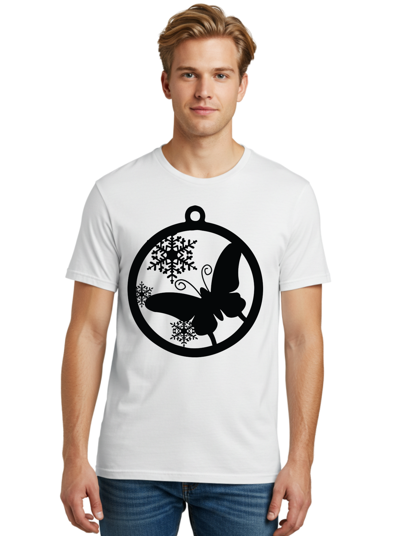 Butterfly-Ornament Men'S Graphic Tee, 100% Cotton, Comfortable Casual Summer Wear, Machine Washable, Butterfly, Snowflakes, Ornament, Winter Decor, Festive Design, Holiday Theme, Delicate Patterns, Intricate Details, Christmas Decoration Aac553