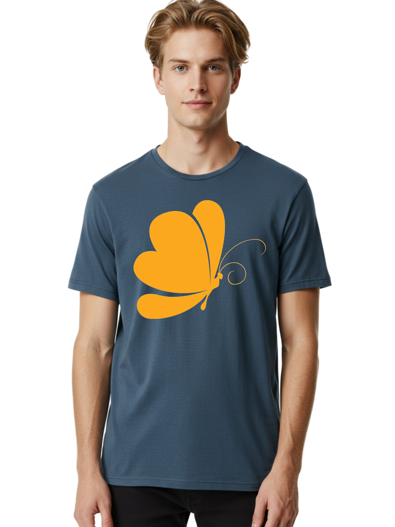 Butterfly Men'S Graphic Tee, 100% Cotton, Comfortable Casual Summer Wear, Machine Washable, Orange Butterfly, Minimalist Design, Stylized Insect, Delicate Features, Orange Silhouette, Butterfly Wings, Simple Shapes, Graphic Illustration, Aac554