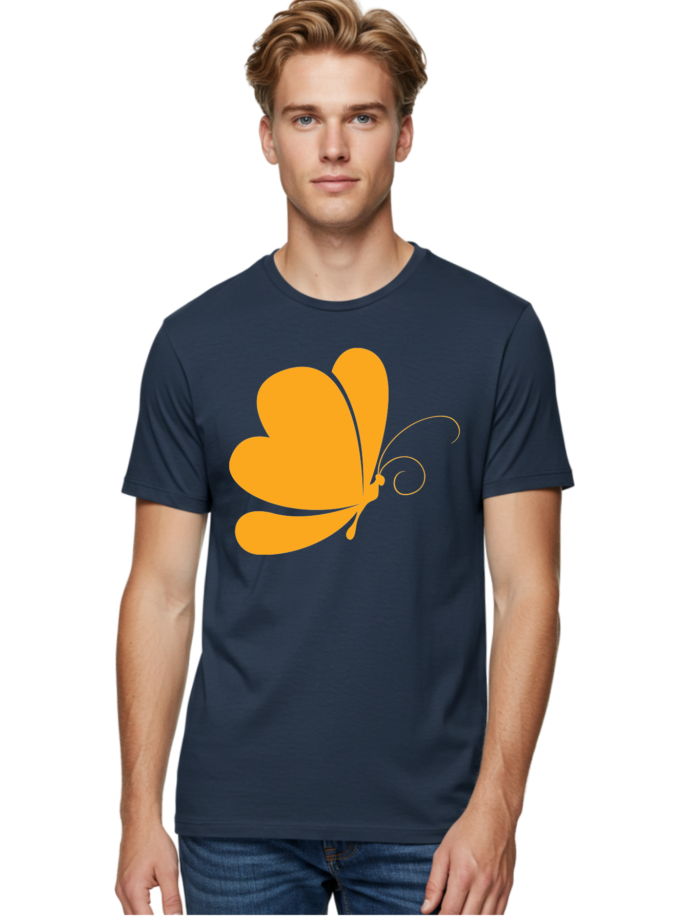 Butterfly Men'S Graphic Tee, 100% Cotton, Comfortable Casual Summer Wear, Machine Washable, Orange Butterfly, Minimalist Design, Stylized Insect, Delicate Features, Orange Silhouette, Butterfly Wings, Simple Shapes, Graphic Illustration, Aac554
