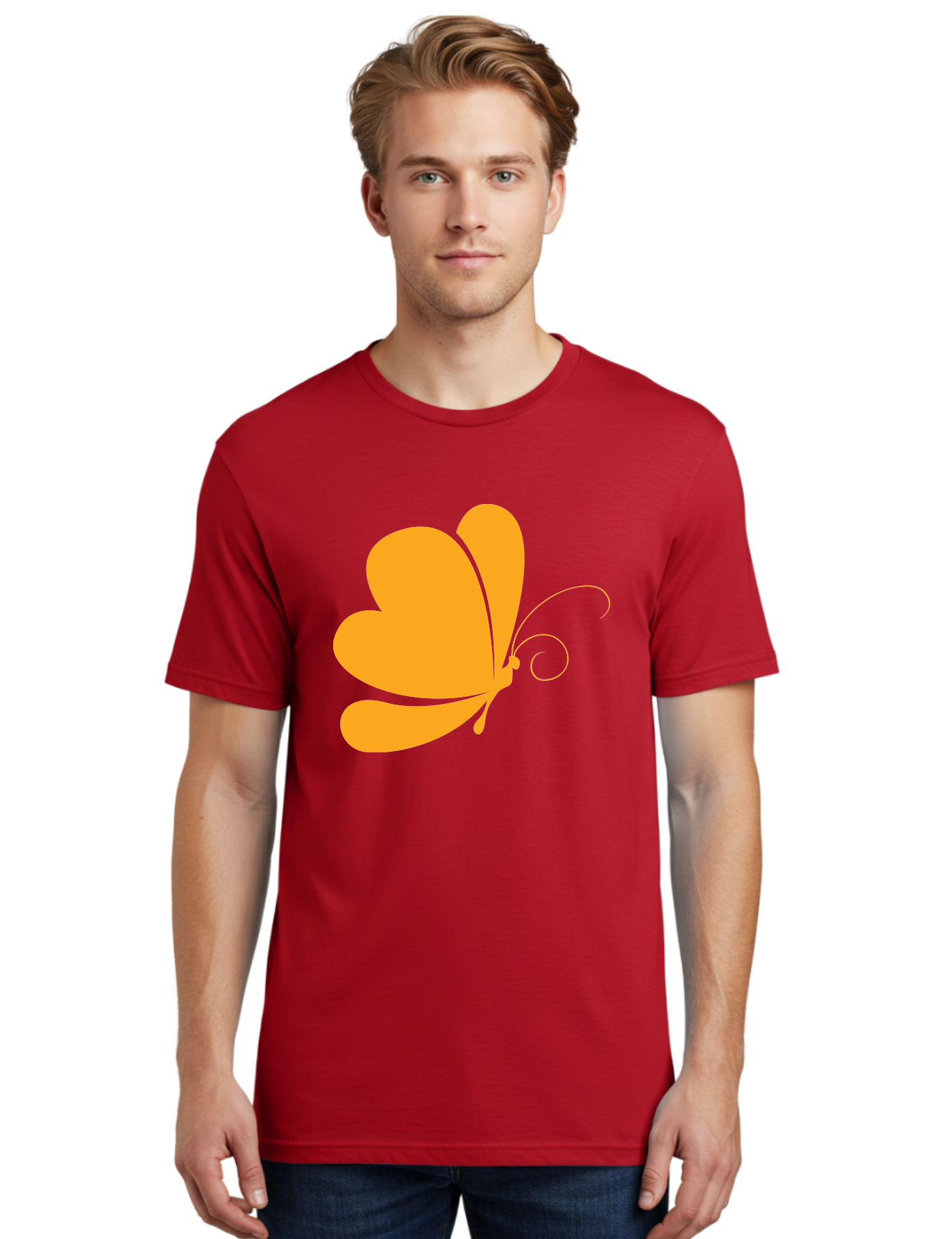 Butterfly Men'S Graphic Tee, 100% Cotton, Comfortable Casual Summer Wear, Machine Washable, Orange Butterfly, Minimalist Design, Stylized Insect, Delicate Features, Orange Silhouette, Butterfly Wings, Simple Shapes, Graphic Illustration, Aac554