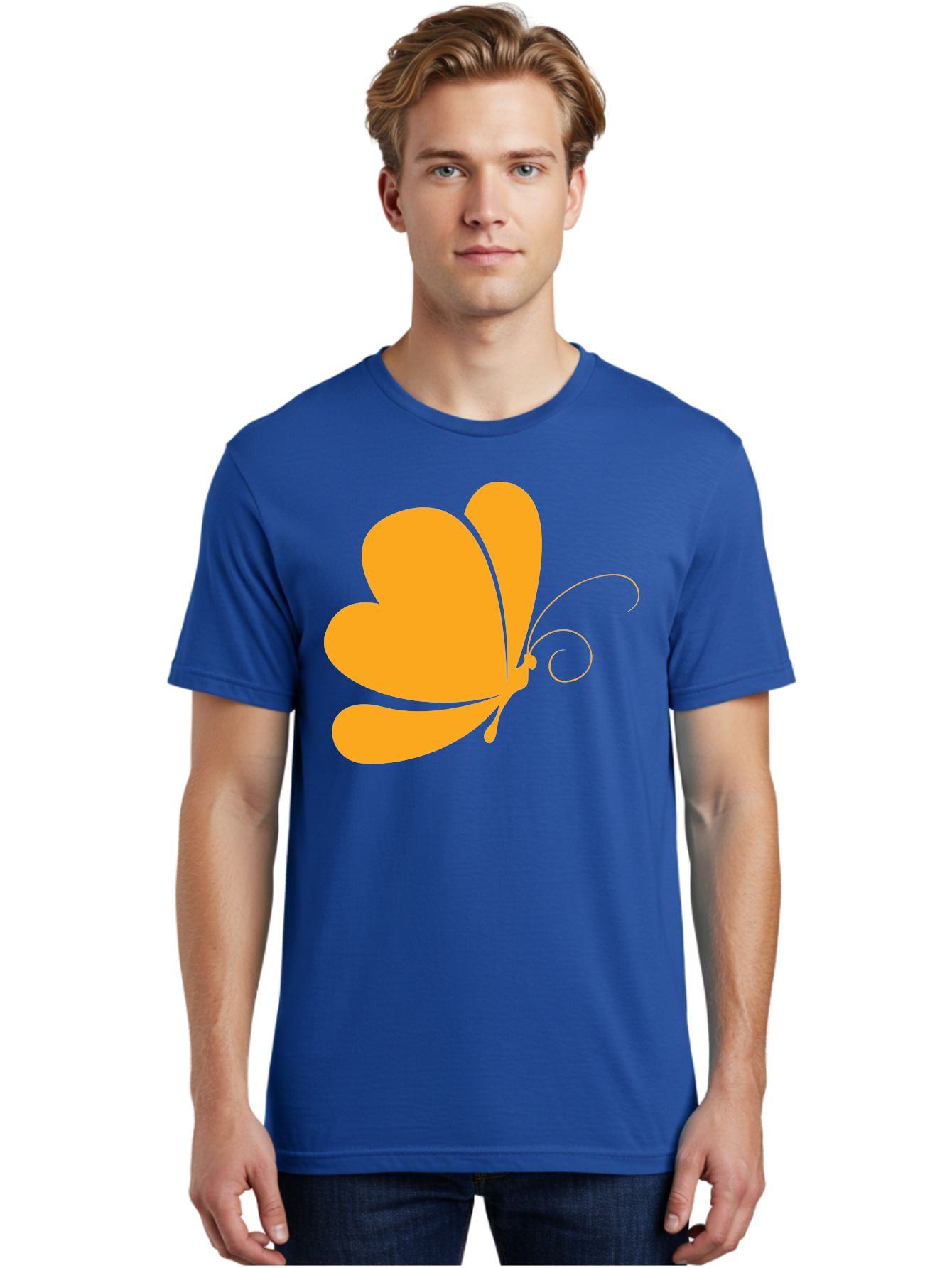 Butterfly Men'S Graphic Tee, 100% Cotton, Comfortable Casual Summer Wear, Machine Washable, Orange Butterfly, Minimalist Design, Stylized Insect, Delicate Features, Orange Silhouette, Butterfly Wings, Simple Shapes, Graphic Illustration, Aac554