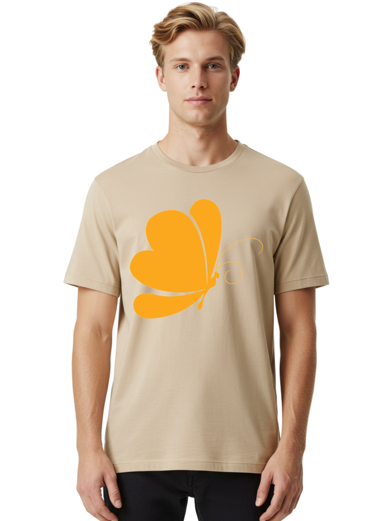 Butterfly Men'S Graphic Tee, 100% Cotton, Comfortable Casual Summer Wear, Machine Washable, Orange Butterfly, Minimalist Design, Stylized Insect, Delicate Features, Orange Silhouette, Butterfly Wings, Simple Shapes, Graphic Illustration, Aac554