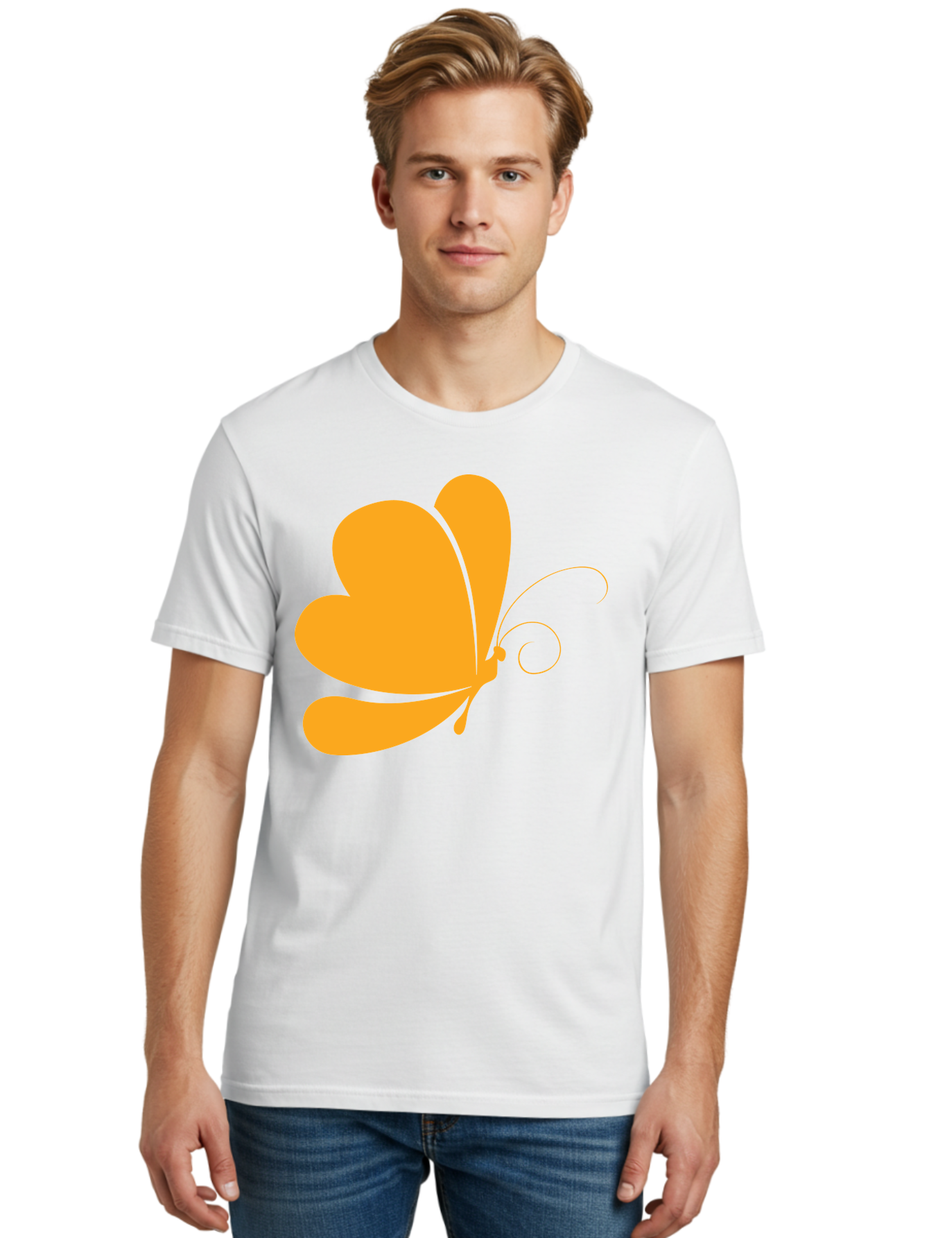 Butterfly Men'S Graphic Tee, 100% Cotton, Comfortable Casual Summer Wear, Machine Washable, Orange Butterfly, Minimalist Design, Stylized Insect, Delicate Features, Orange Silhouette, Butterfly Wings, Simple Shapes, Graphic Illustration, Aac554
