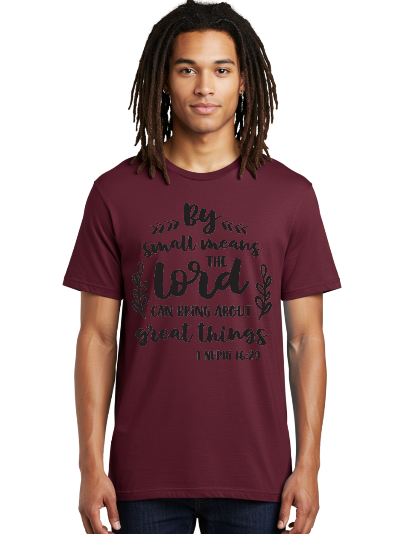 By-Small-Means-The-Lord-Can-Bring-About-Great-Things Men'S Graphic Tee, 100% Cotton, Comfortable Casual Summer Wear, Machine Washable, Inspirational Quote, Motivational Scripture, 1 Nephi 16:29, Small Means Great Things, Lord'S Power, Aac555