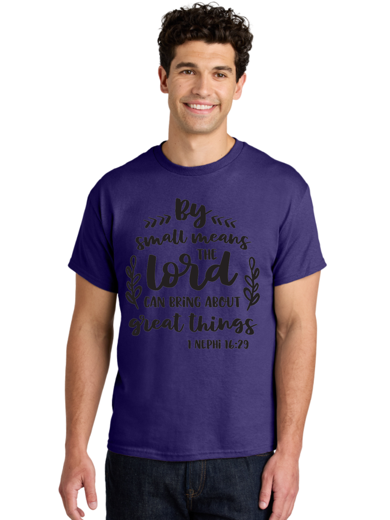 By-Small-Means-The-Lord-Can-Bring-About-Great-Things Men'S Graphic Tee, 100% Cotton, Comfortable Casual Summer Wear, Machine Washable, Inspirational Quote, Motivational Scripture, 1 Nephi 16:29, Small Means Great Things, Lord'S Power, Aac555