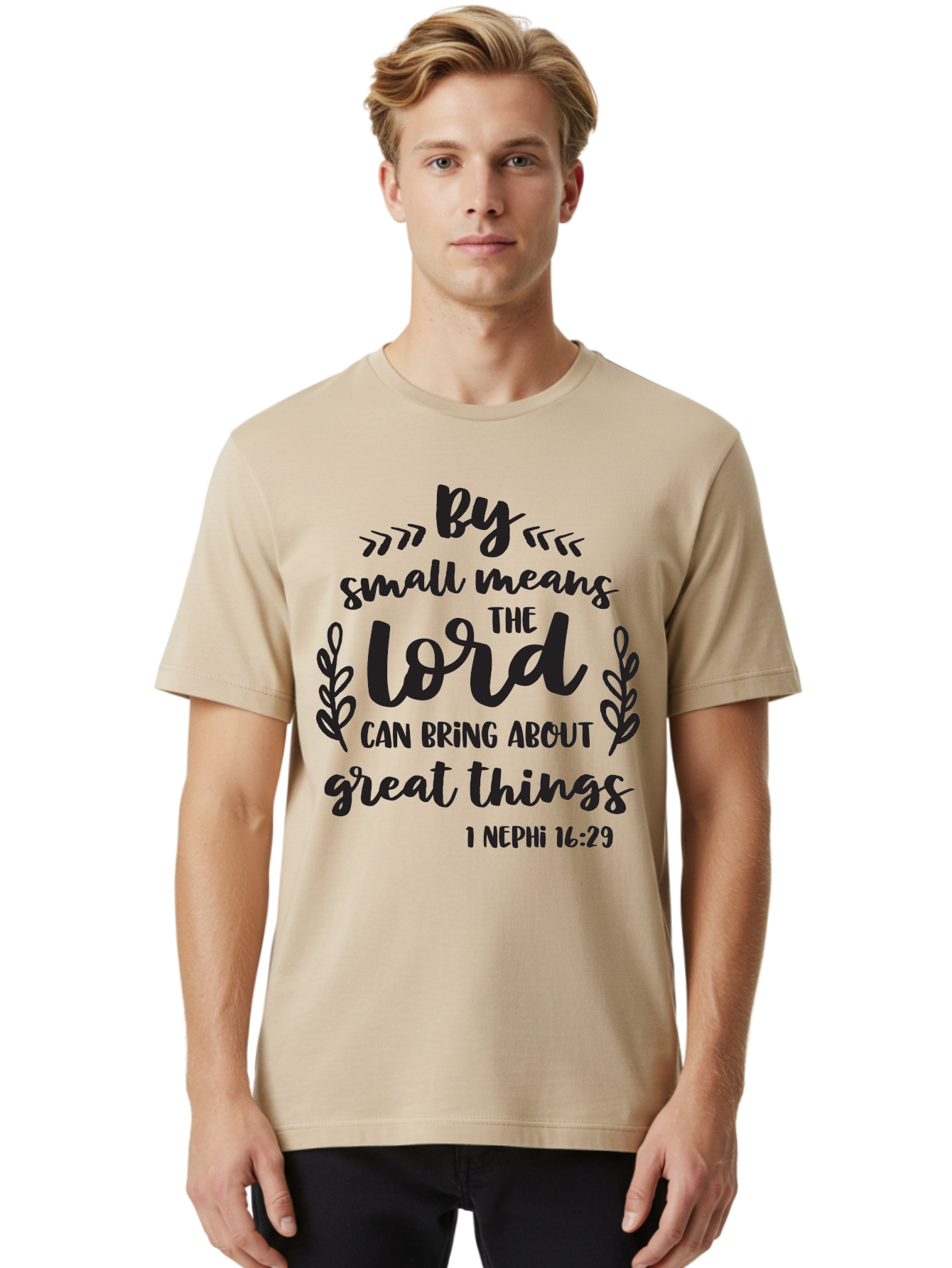 By-Small-Means-The-Lord-Can-Bring-About-Great-Things Men'S Graphic Tee, 100% Cotton, Comfortable Casual Summer Wear, Machine Washable, Inspirational Quote, Motivational Scripture, 1 Nephi 16:29, Small Means Great Things, Lord'S Power, Aac555