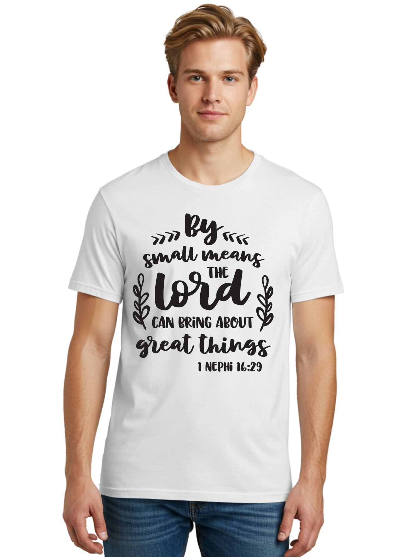 By-Small-Means-The-Lord-Can-Bring-About-Great-Things Men'S Graphic Tee, 100% Cotton, Comfortable Casual Summer Wear, Machine Washable, Inspirational Quote, Motivational Scripture, 1 Nephi 16:29, Small Means Great Things, Lord'S Power, Aac555