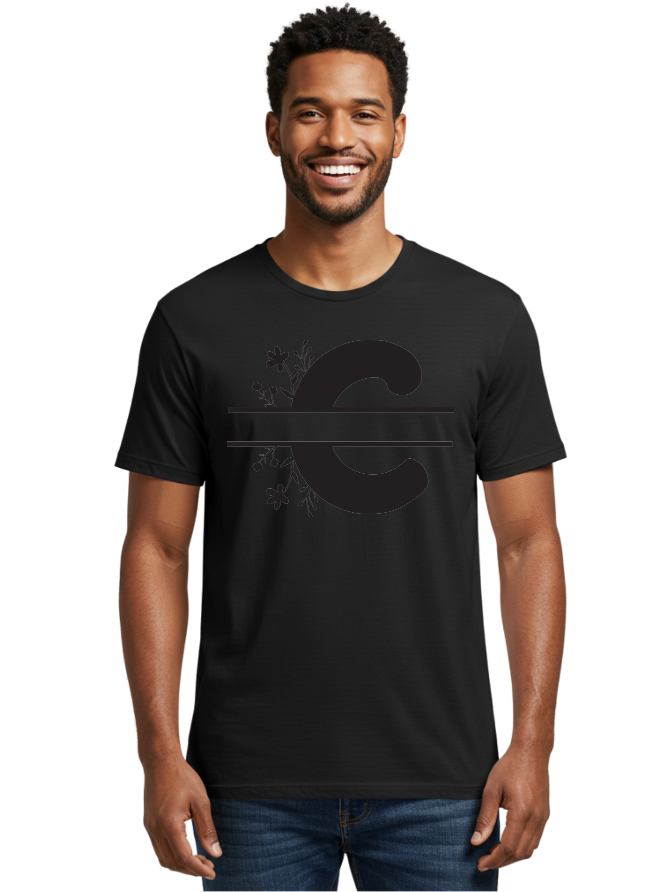 C-1 Men'S Graphic Tee, 100% Cotton, Comfortable Casual Summer Wear, Machine Washable, Black Letter C, Floral Design, Flowers And Foliage, Elegant Typography, Decorative Elements, Simple Yet Sophisticated Aac556