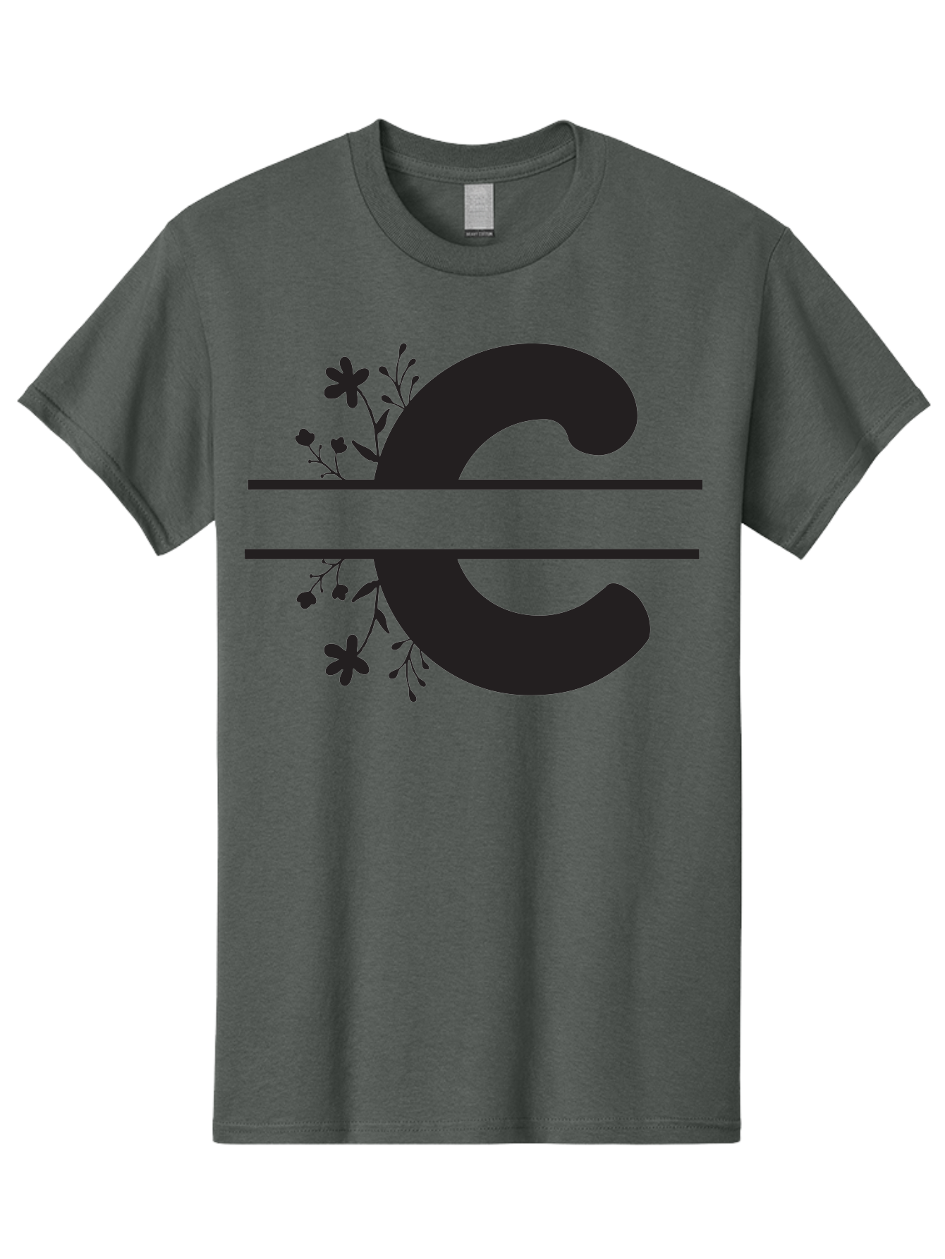 C-1 Men'S Graphic Tee, 100% Cotton, Comfortable Casual Summer Wear, Machine Washable, Black Letter C, Floral Design, Flowers And Foliage, Elegant Typography, Decorative Elements, Simple Yet Sophisticated Aac556