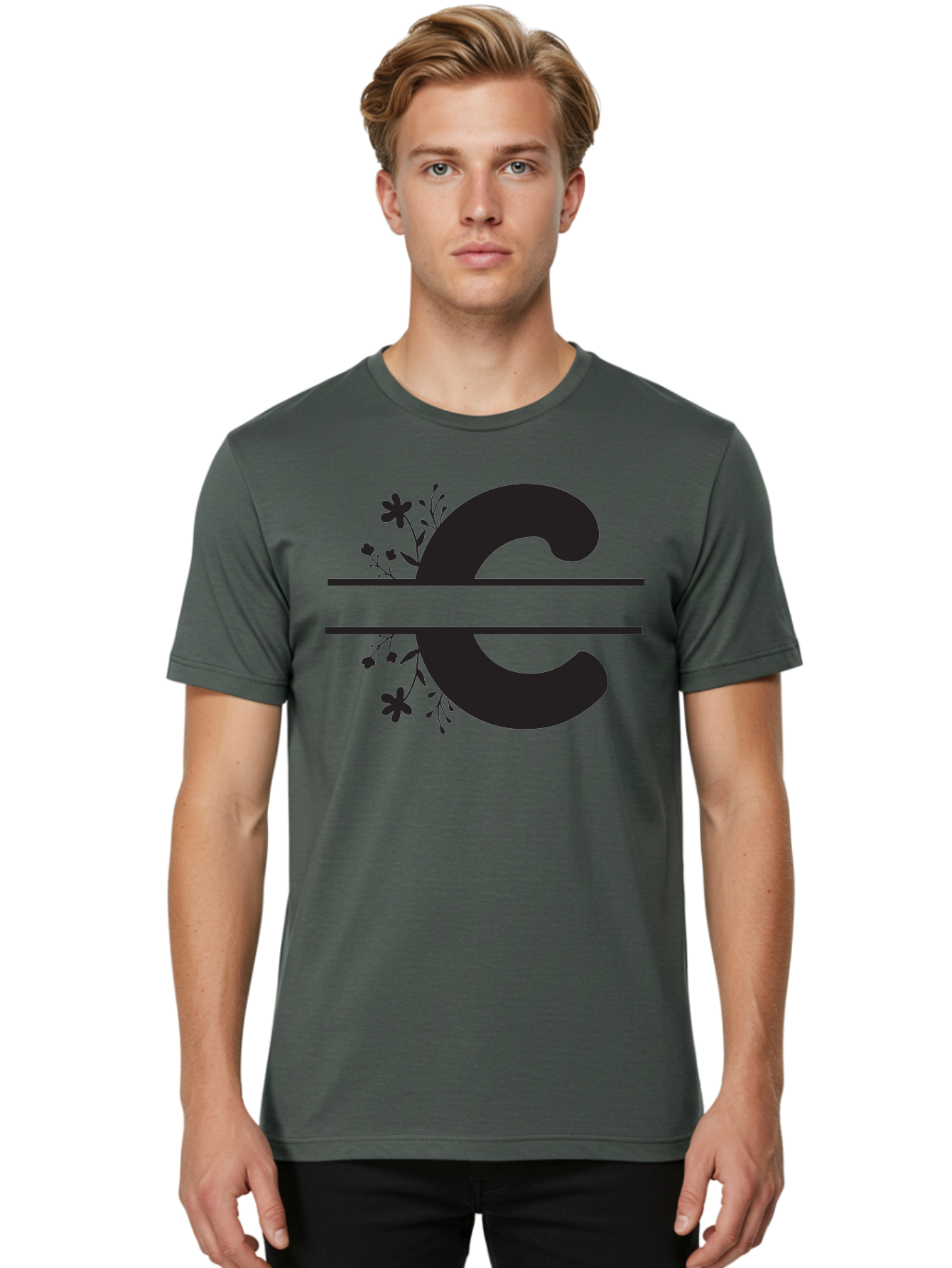 C-1 Men'S Graphic Tee, 100% Cotton, Comfortable Casual Summer Wear, Machine Washable, Black Letter C, Floral Design, Flowers And Foliage, Elegant Typography, Decorative Elements, Simple Yet Sophisticated Aac556
