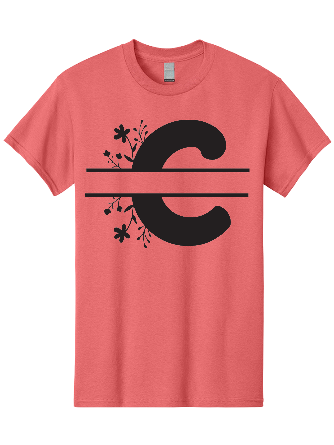 C-1 Men'S Graphic Tee, 100% Cotton, Comfortable Casual Summer Wear, Machine Washable, Black Letter C, Floral Design, Flowers And Foliage, Elegant Typography, Decorative Elements, Simple Yet Sophisticated Aac556
