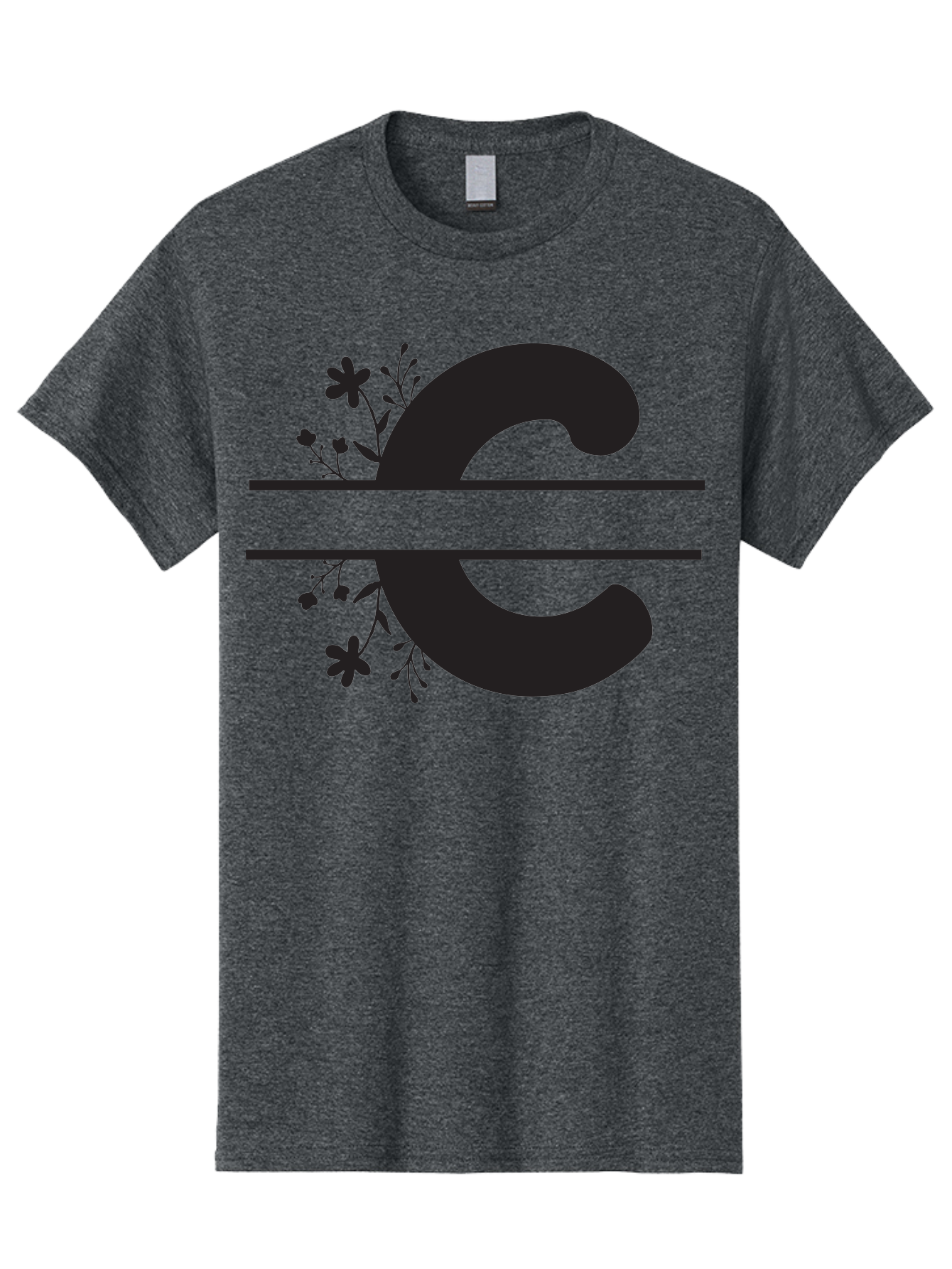 C-1 Men'S Graphic Tee, 100% Cotton, Comfortable Casual Summer Wear, Machine Washable, Black Letter C, Floral Design, Flowers And Foliage, Elegant Typography, Decorative Elements, Simple Yet Sophisticated Aac556
