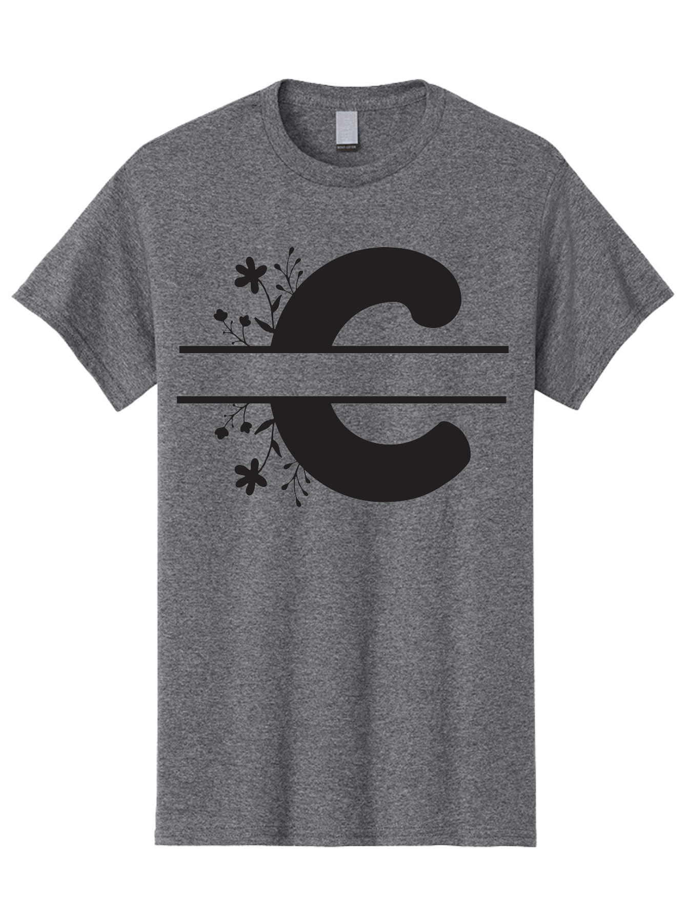 C-1 Men'S Graphic Tee, 100% Cotton, Comfortable Casual Summer Wear, Machine Washable, Black Letter C, Floral Design, Flowers And Foliage, Elegant Typography, Decorative Elements, Simple Yet Sophisticated Aac556