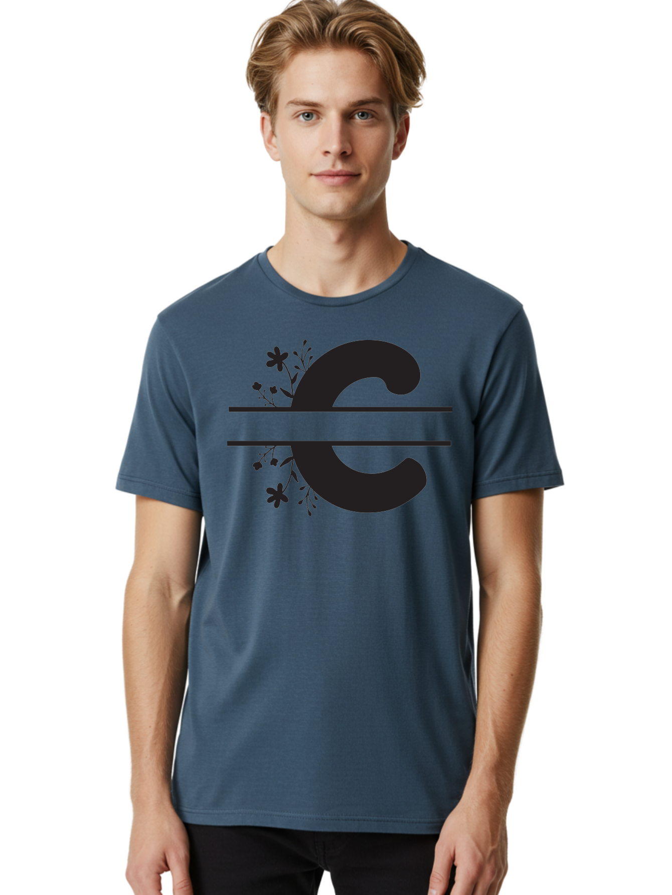 C-1 Men'S Graphic Tee, 100% Cotton, Comfortable Casual Summer Wear, Machine Washable, Black Letter C, Floral Design, Flowers And Foliage, Elegant Typography, Decorative Elements, Simple Yet Sophisticated Aac556