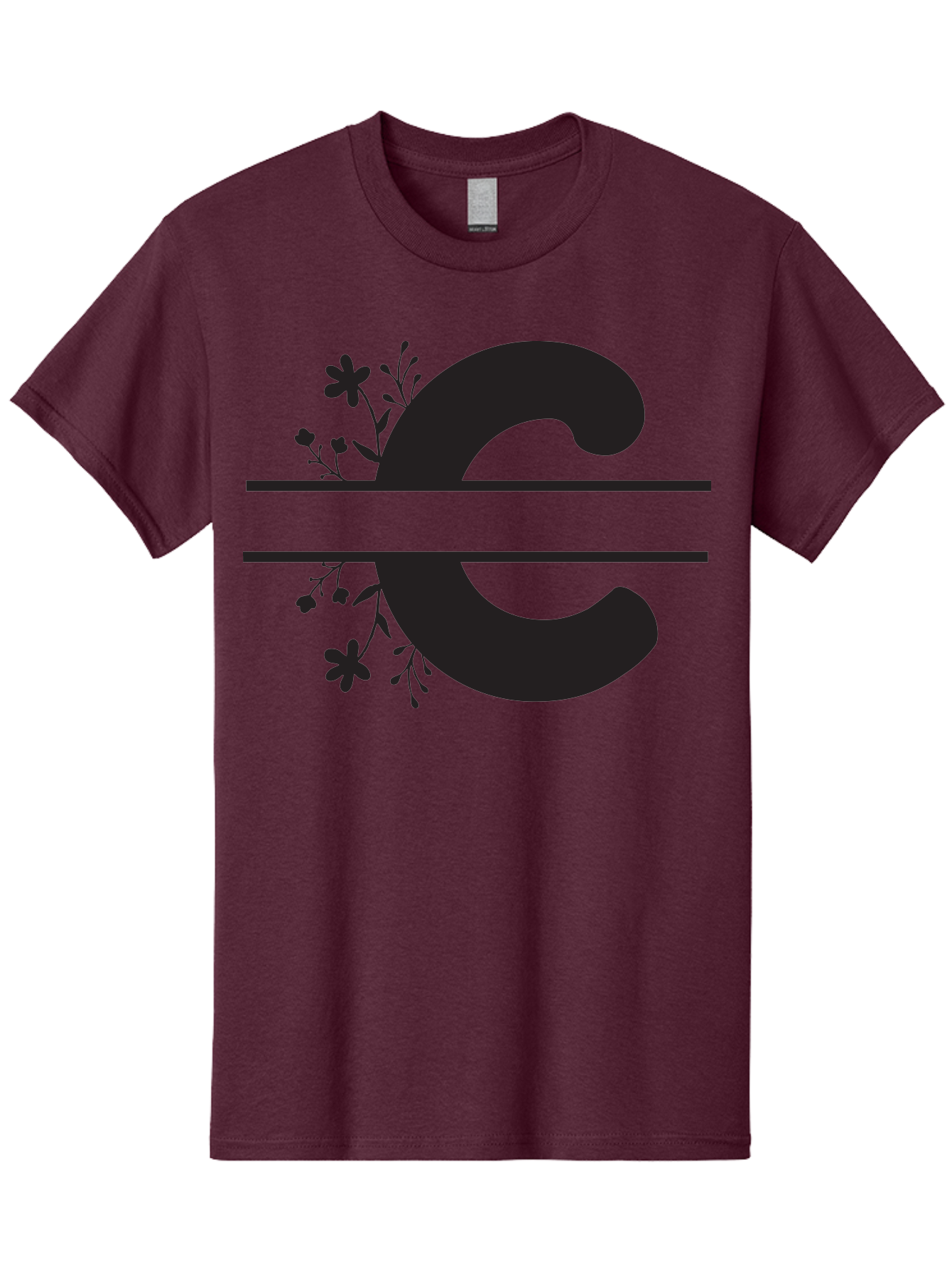 C-1 Men'S Graphic Tee, 100% Cotton, Comfortable Casual Summer Wear, Machine Washable, Black Letter C, Floral Design, Flowers And Foliage, Elegant Typography, Decorative Elements, Simple Yet Sophisticated Aac556